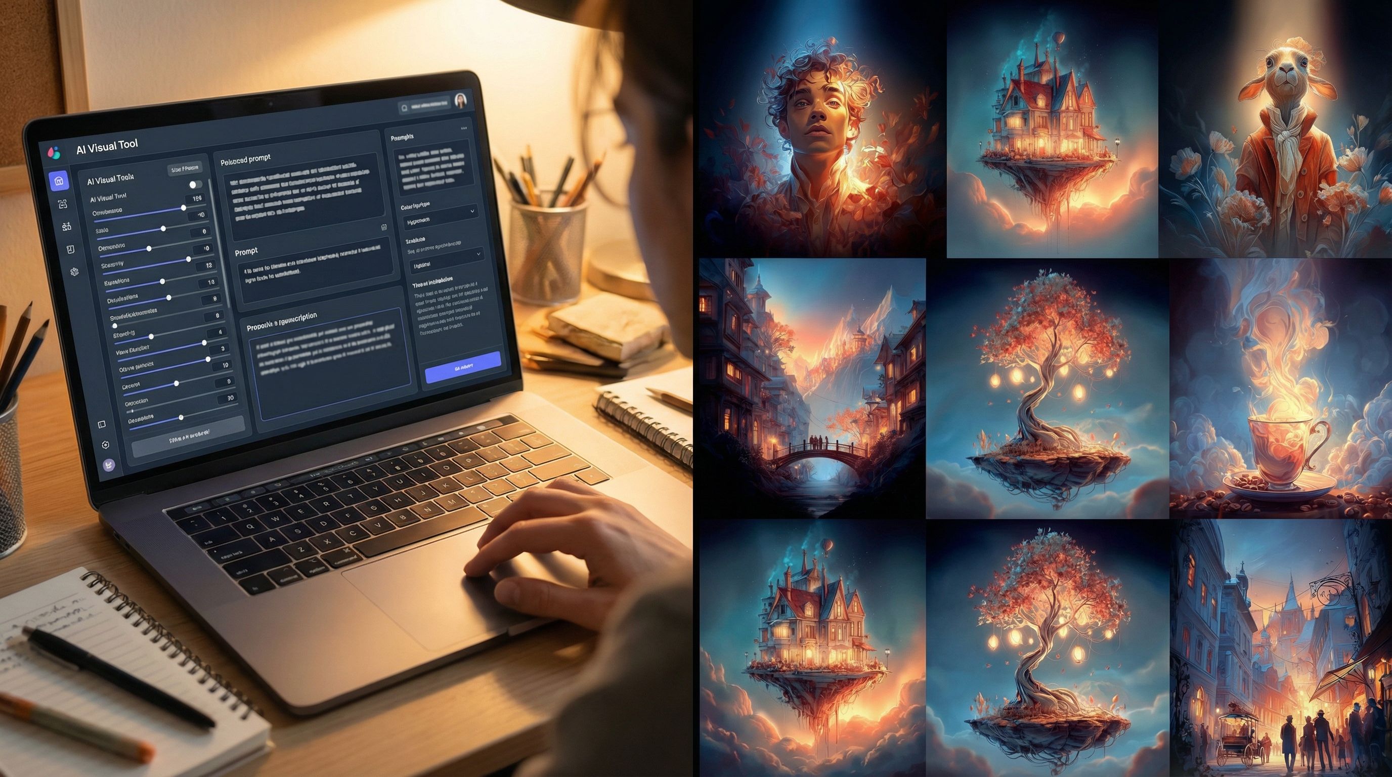 split-screen of a creator using an AI visual tool on a laptop; left side shows text prompts and slid