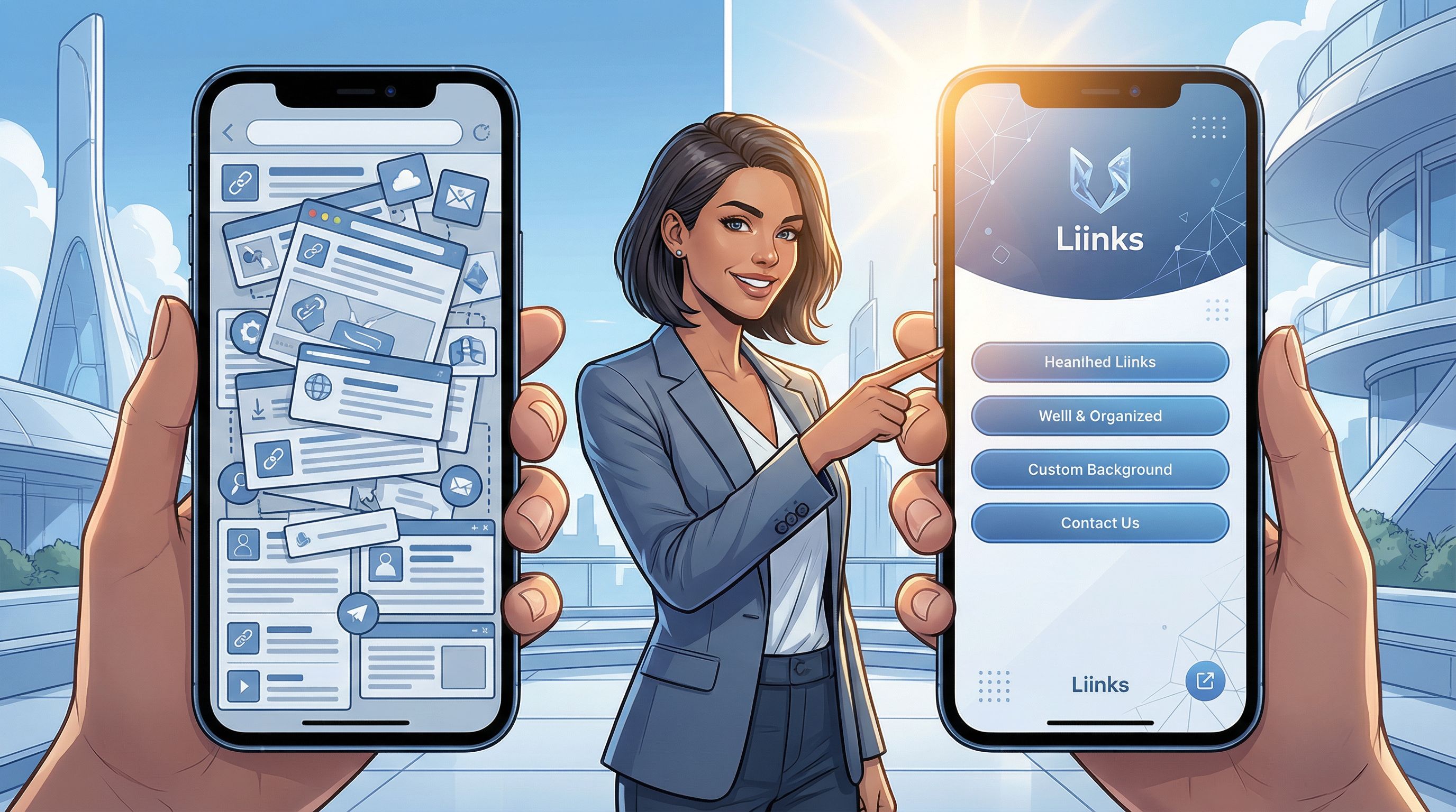 split-screen illustration showing a messy, cluttered link list on one phone next to a sleek, branded