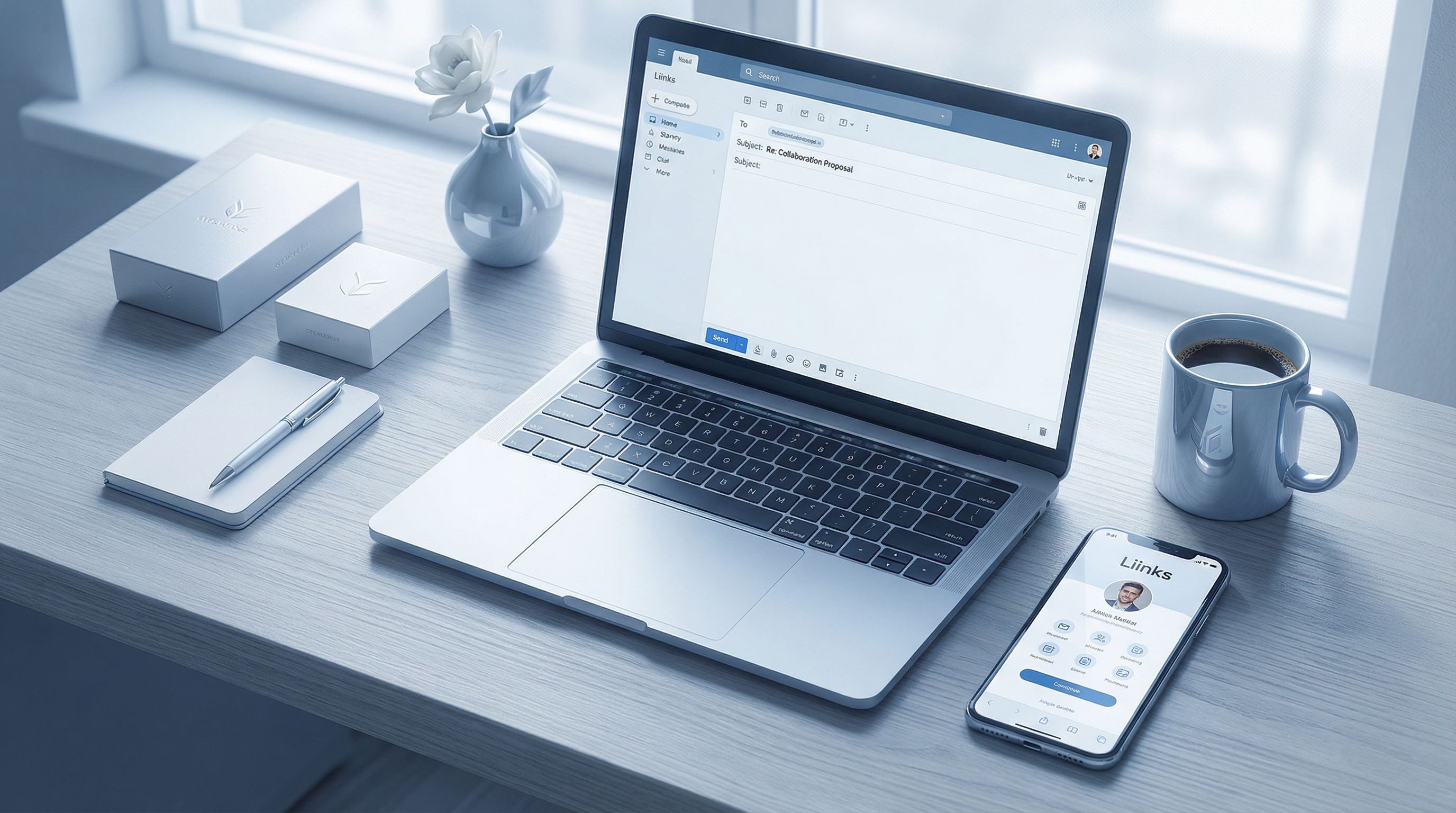 flat lay of a creator’s workspace with a smartphone showing a polished Liinks page, next to a laptop