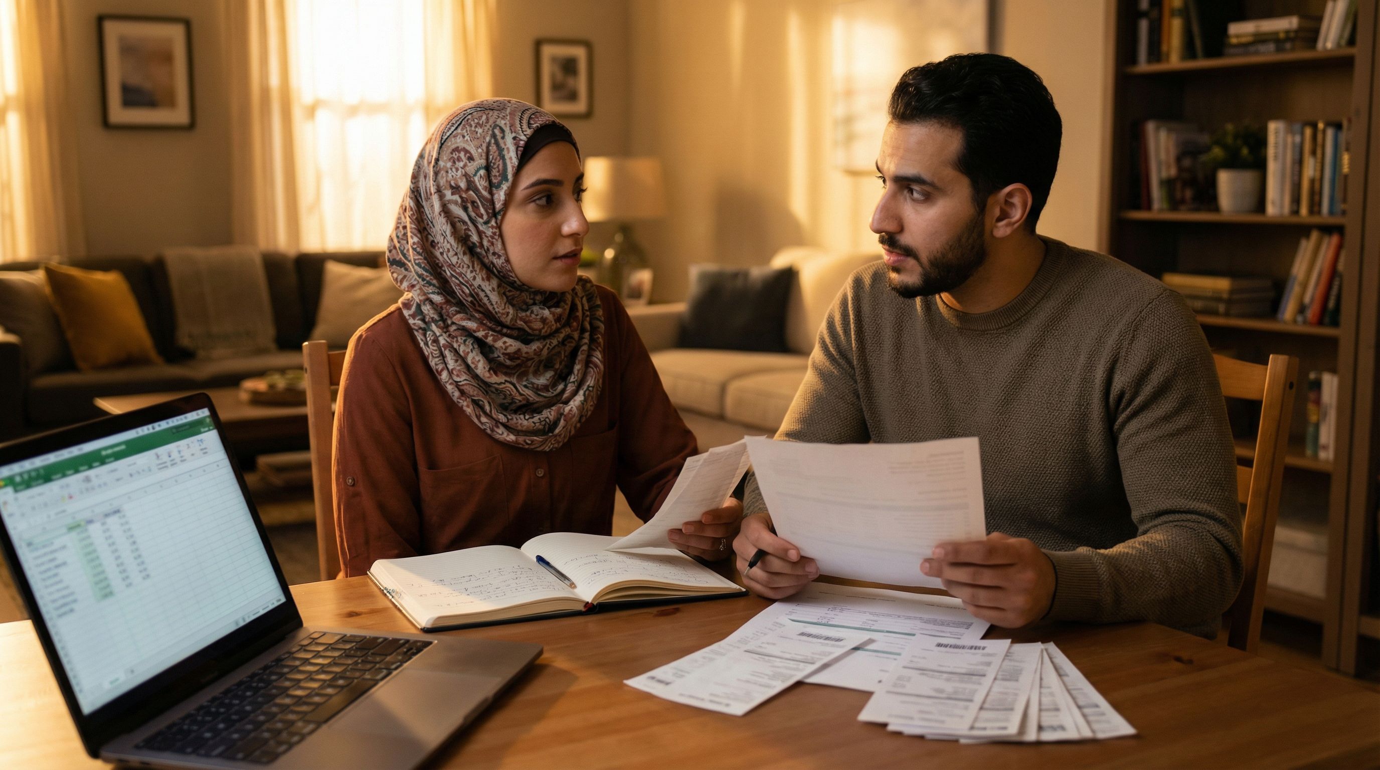 A Muslim couple at a dining table in a cozy American apartment, with notebooks, a laptop, and printe