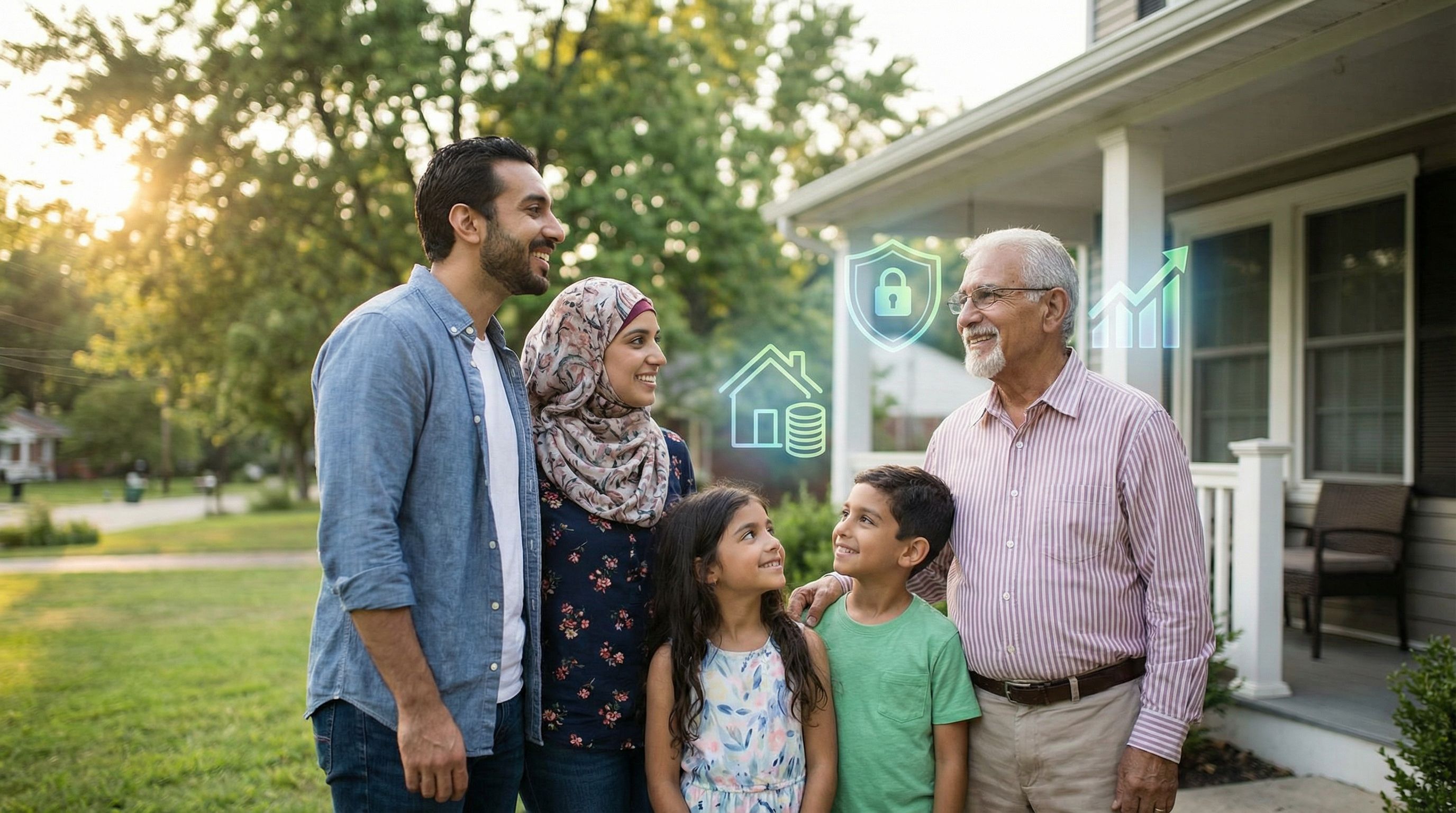 A diverse Muslim American family in front of a suburban home, with subtle visual overlays of icons r
