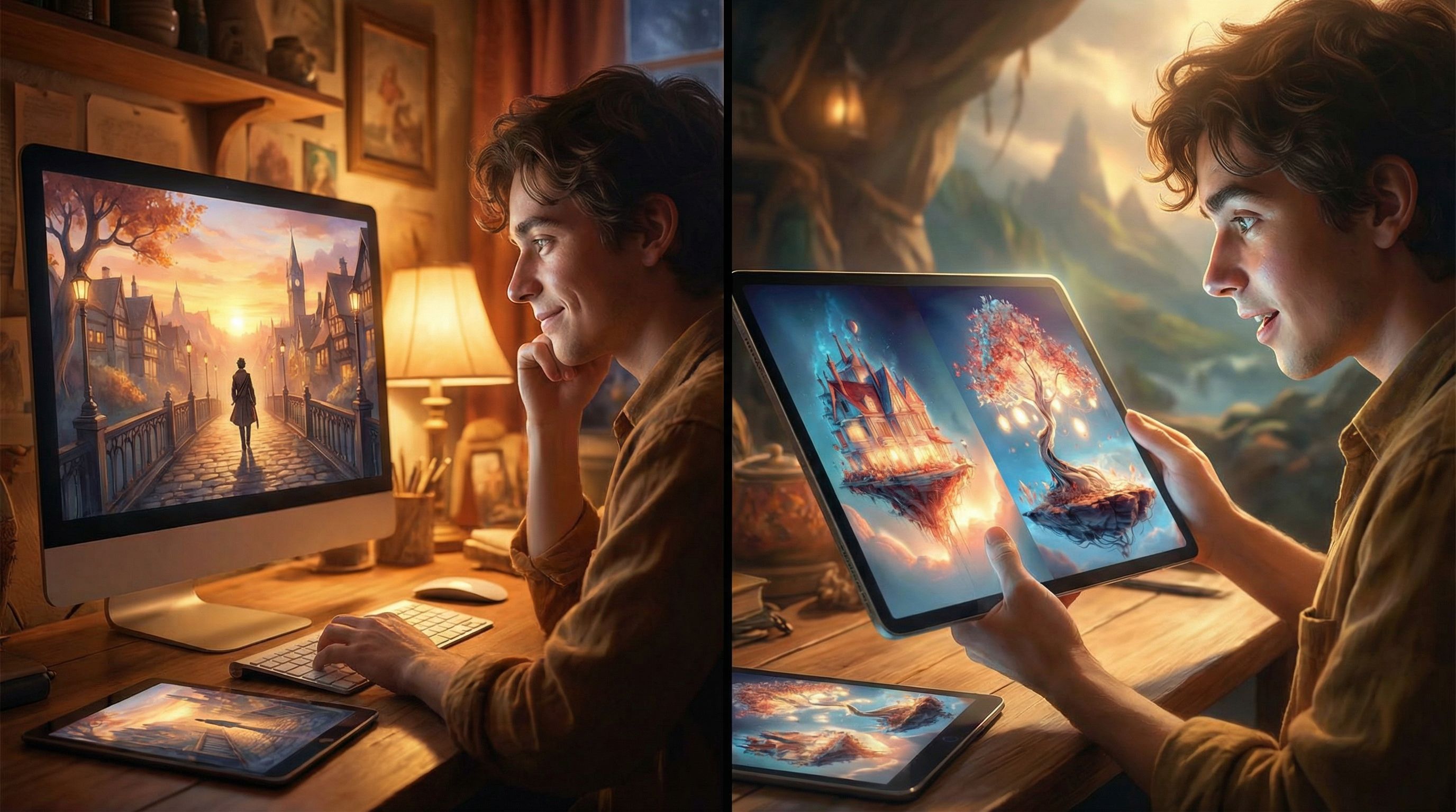 Cinematic split-screen image showing a player replaying an interactive story built in Questas, on th