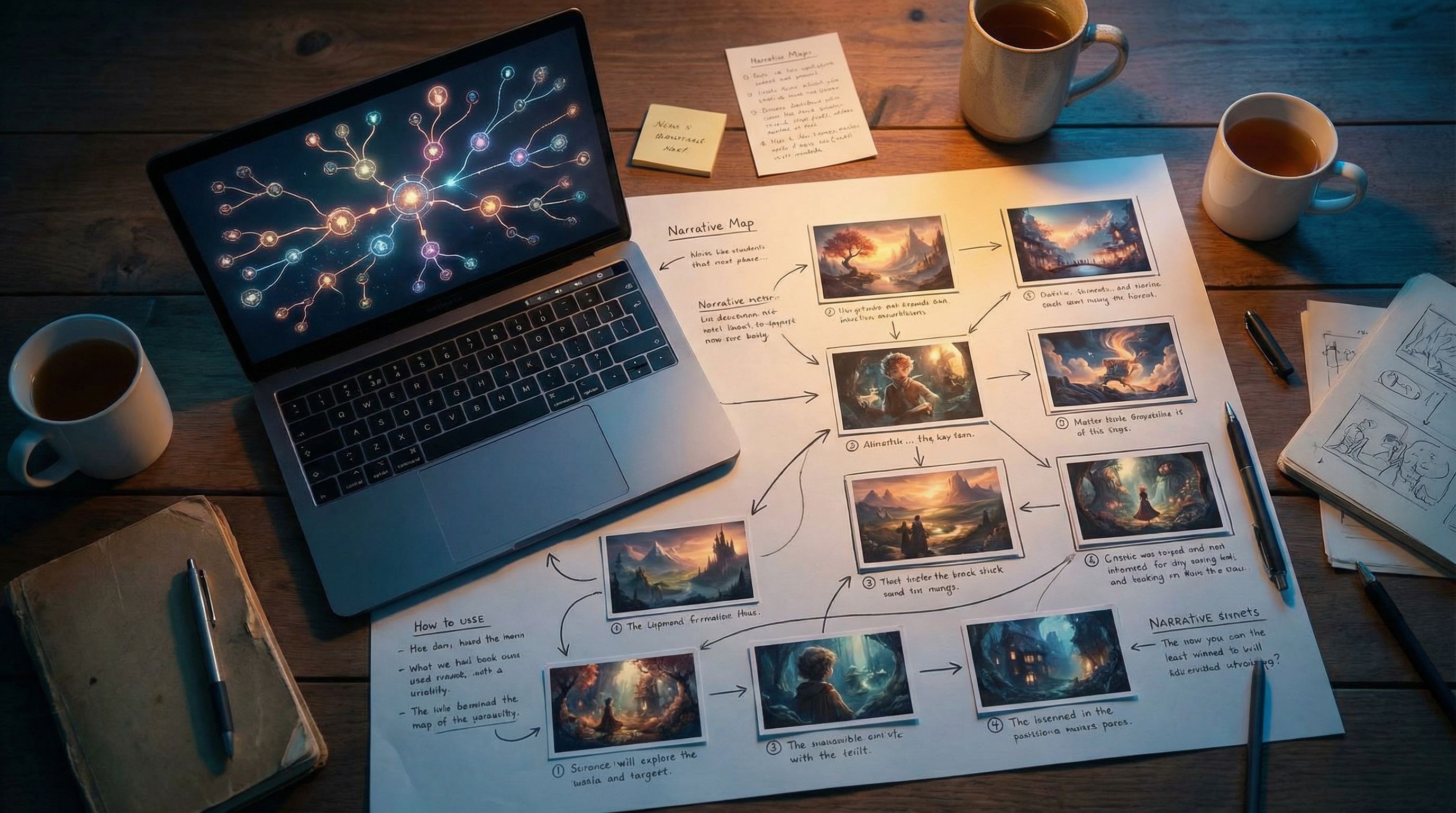 Moody storyboard-style overhead view of a creator’s workspace with a laptop displaying a branching n