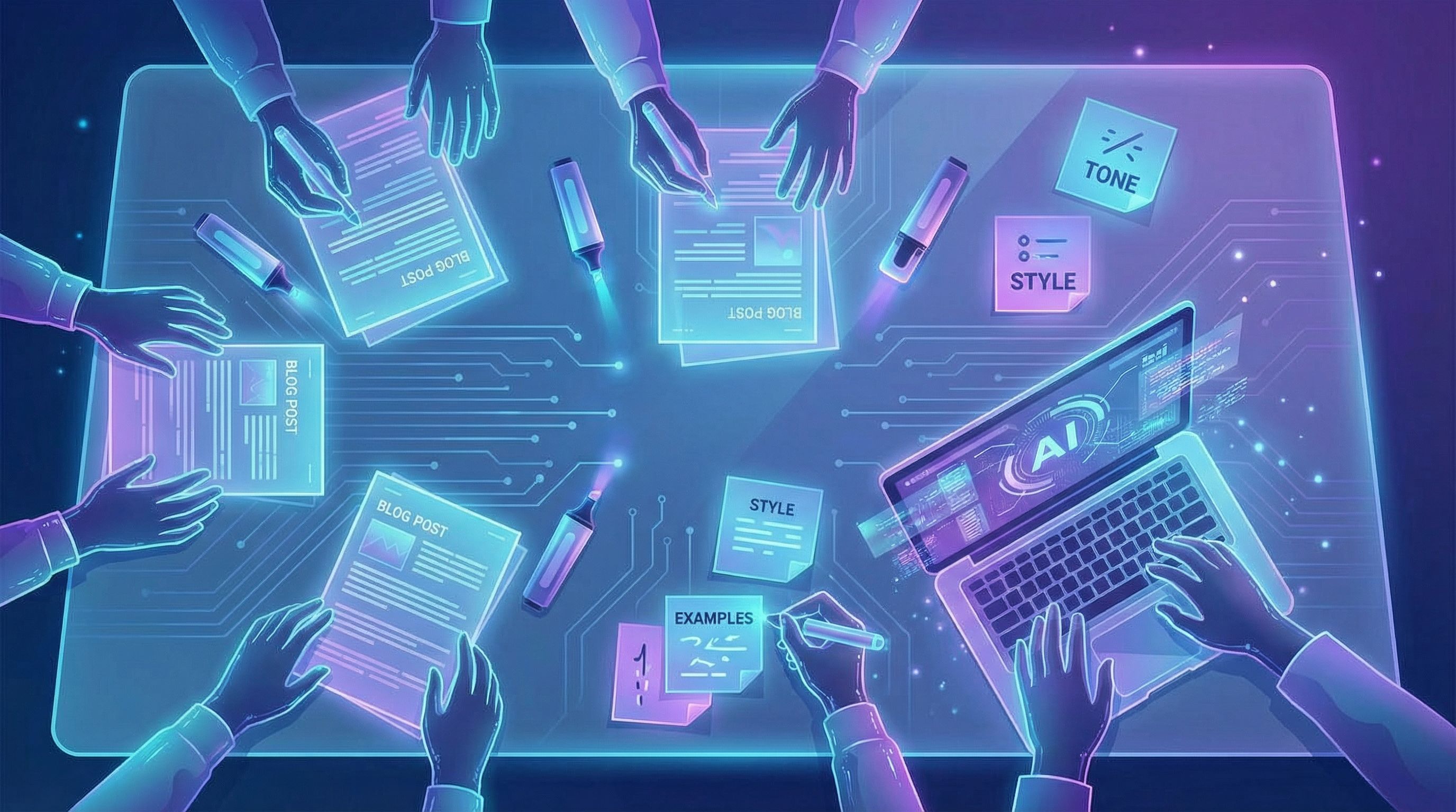 An overhead view of a marketing team around a table covered with printed blog posts, highlighters, s