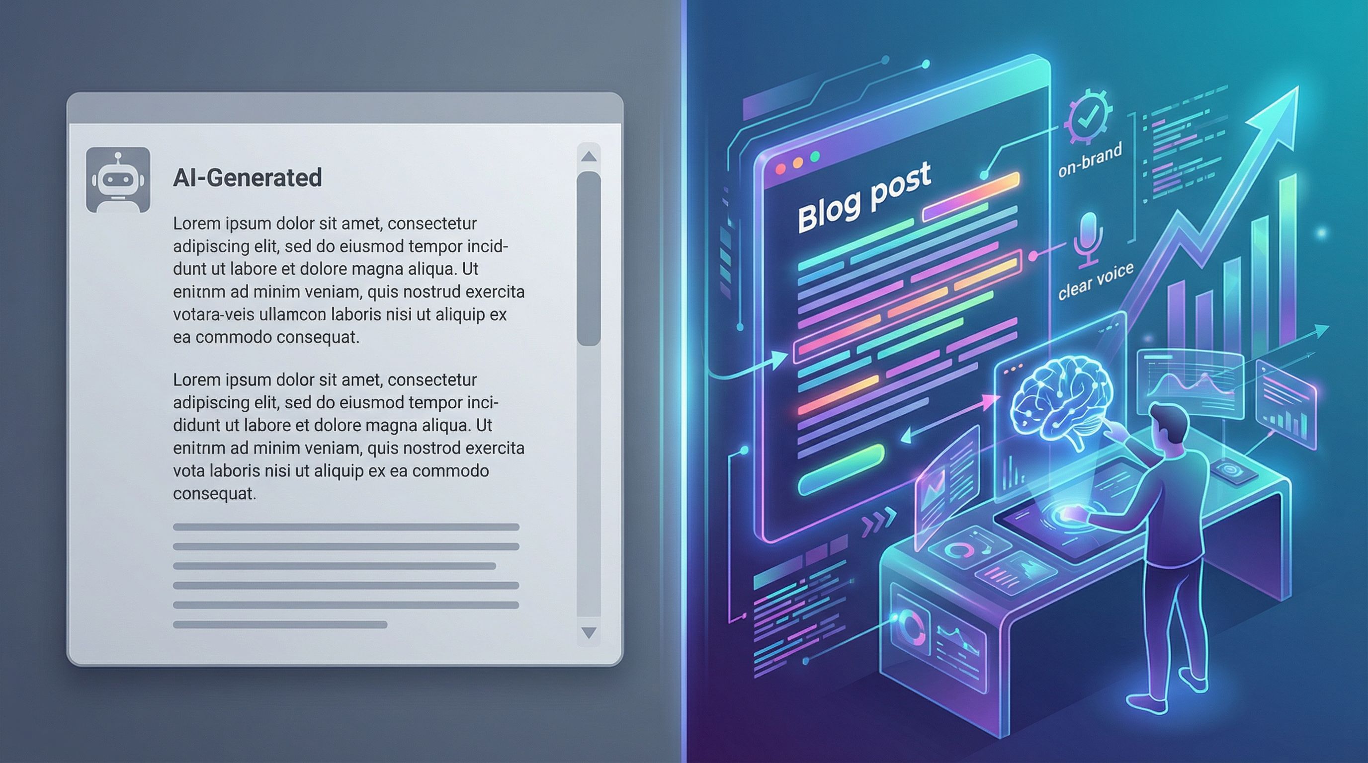 A split-screen image showing on the left a dull, gray, generic AI-generated article, and on the righ
