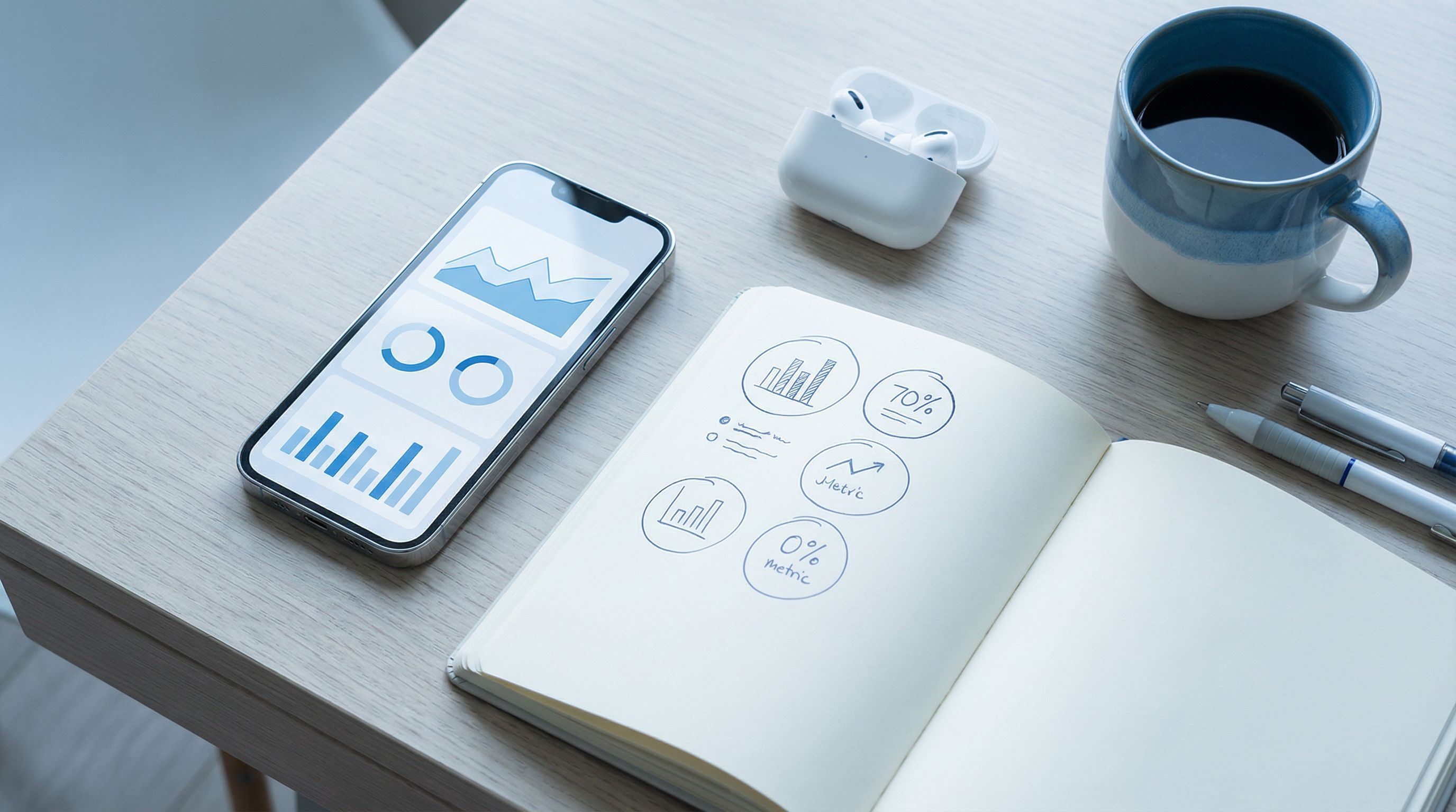 Flat lay of a creator’s workspace with a smartphone showing a clean, minimal analytics dashboard, al