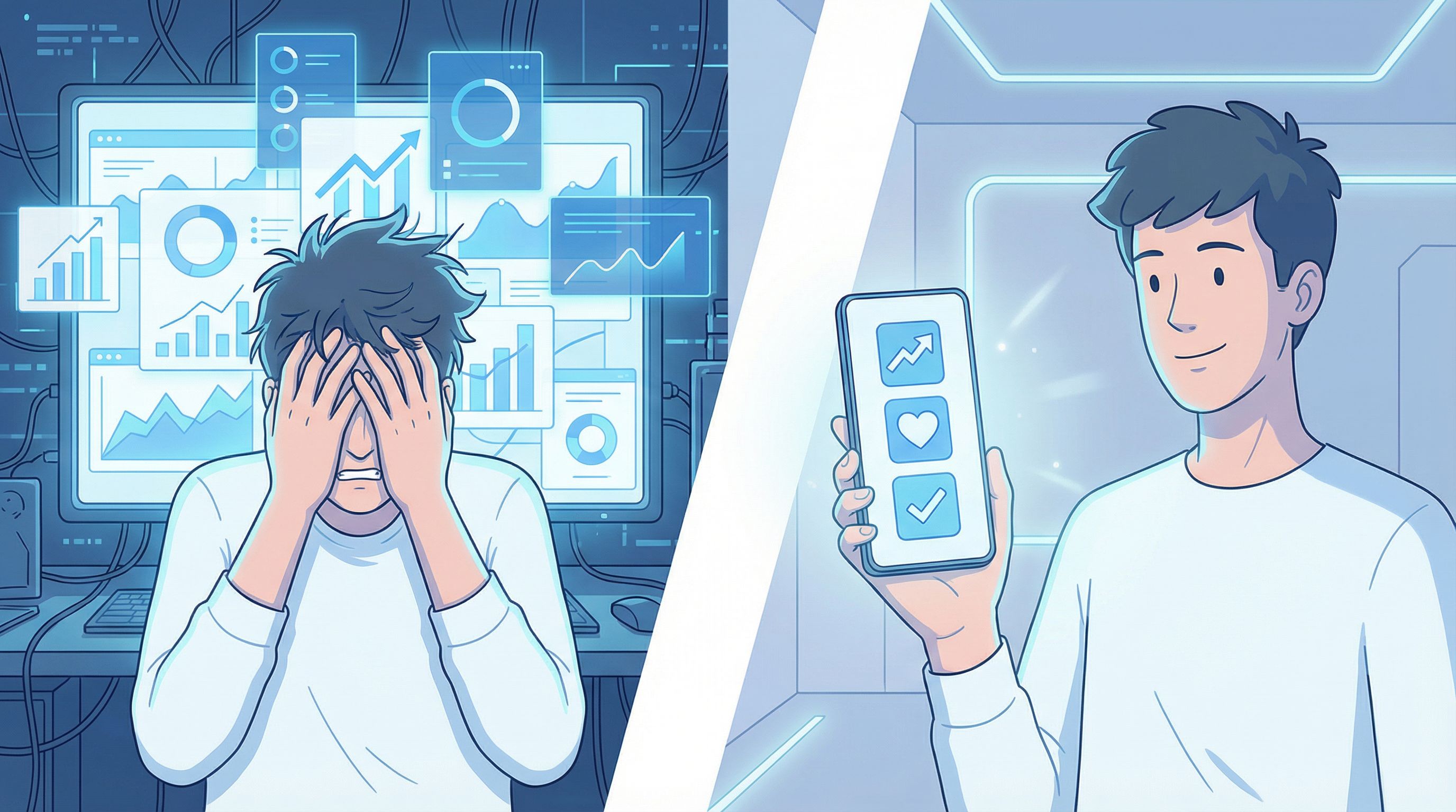 Split-screen style illustration: on the left, a chaotic, cluttered analytics dashboard with too many