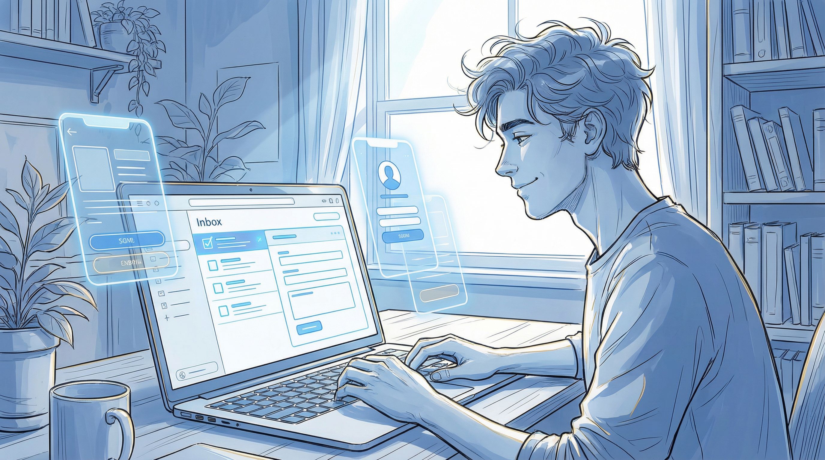 a creator at a laptop smiling calmly at a neatly organized inbox on screen, with stylized overlays o