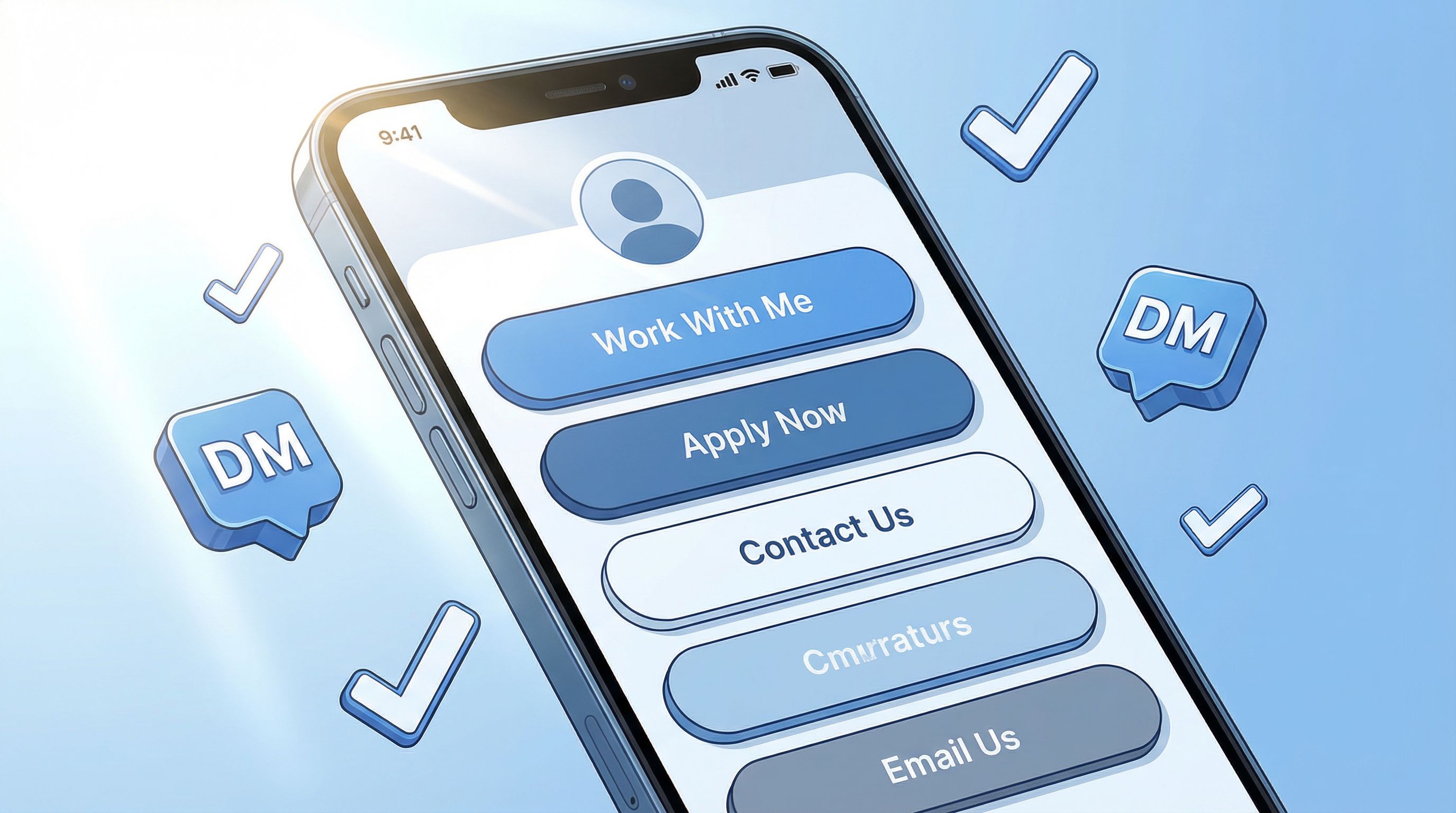 a mobile phone screen showing a beautifully designed link-in-bio page with clear buttons like “Work