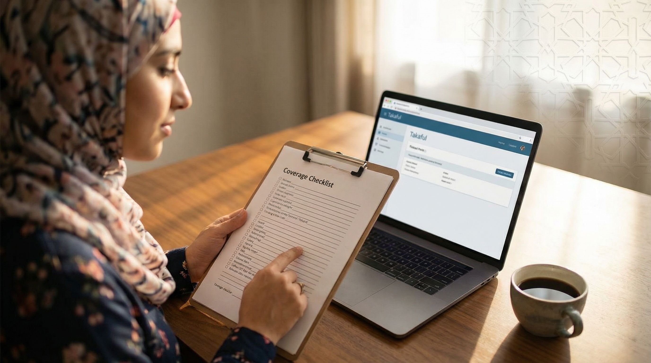 Close-up of a Muslim entrepreneur at a wooden desk reviewing a coverage checklist on a clipboard, wi