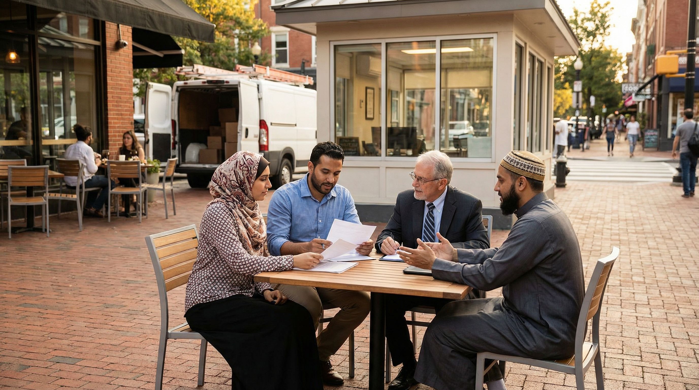 Diverse Muslim small business owners in a modern American streetscape, including a café, small offic