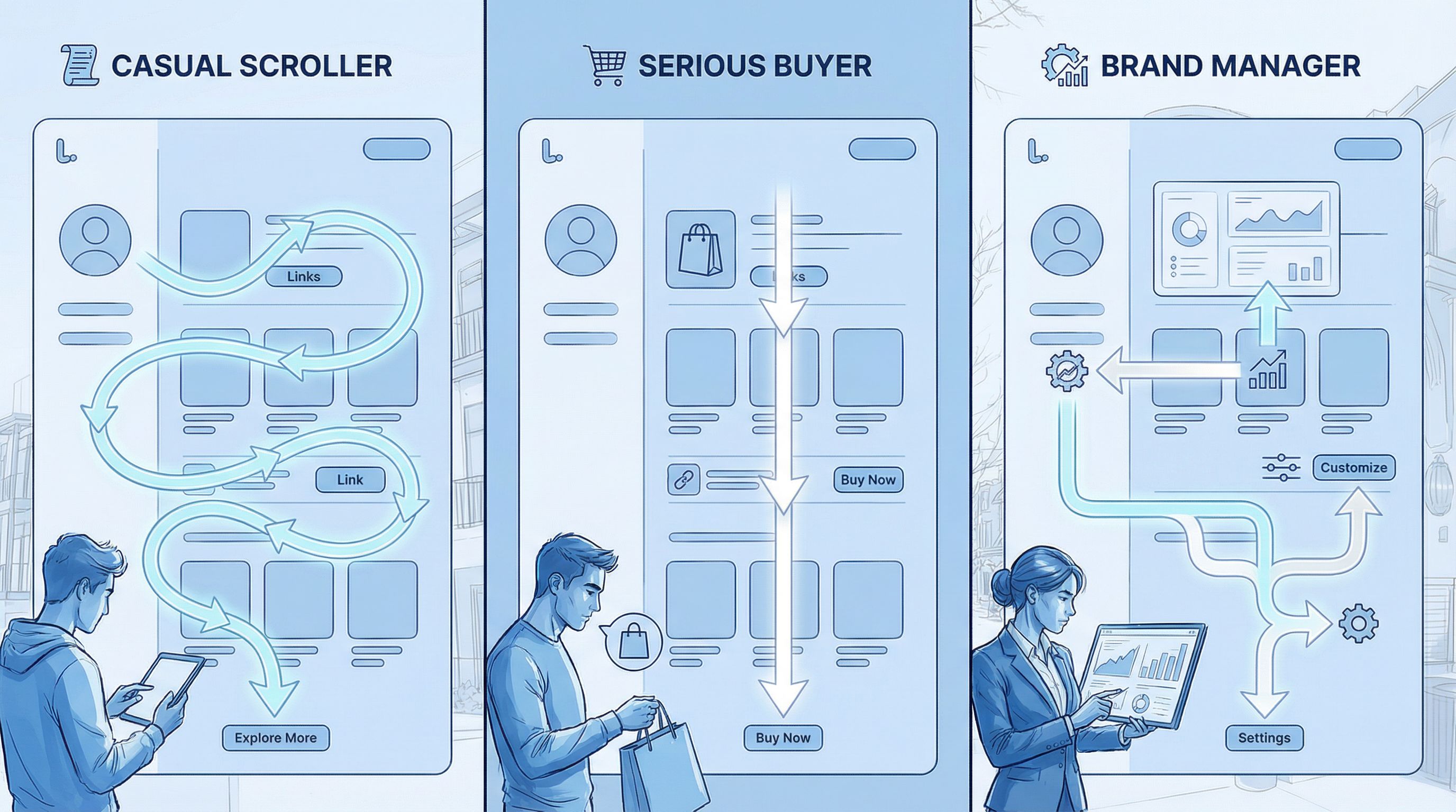 split-screen illustration showing three types of visitors (a casual scroller, a serious buyer, a bra