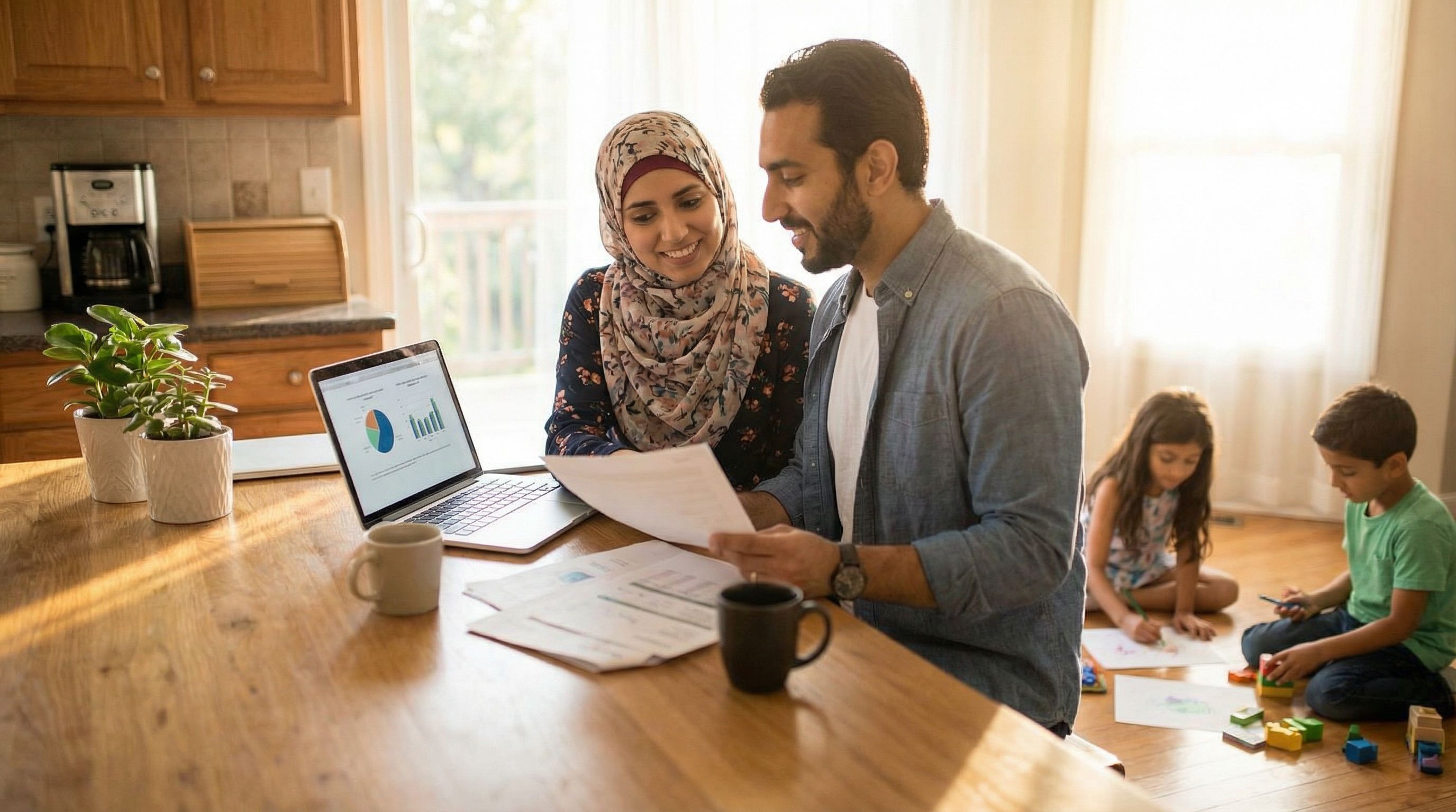 Warm family scene of a Muslim American family reviewing healthcare and Takaful documents at a kitche
