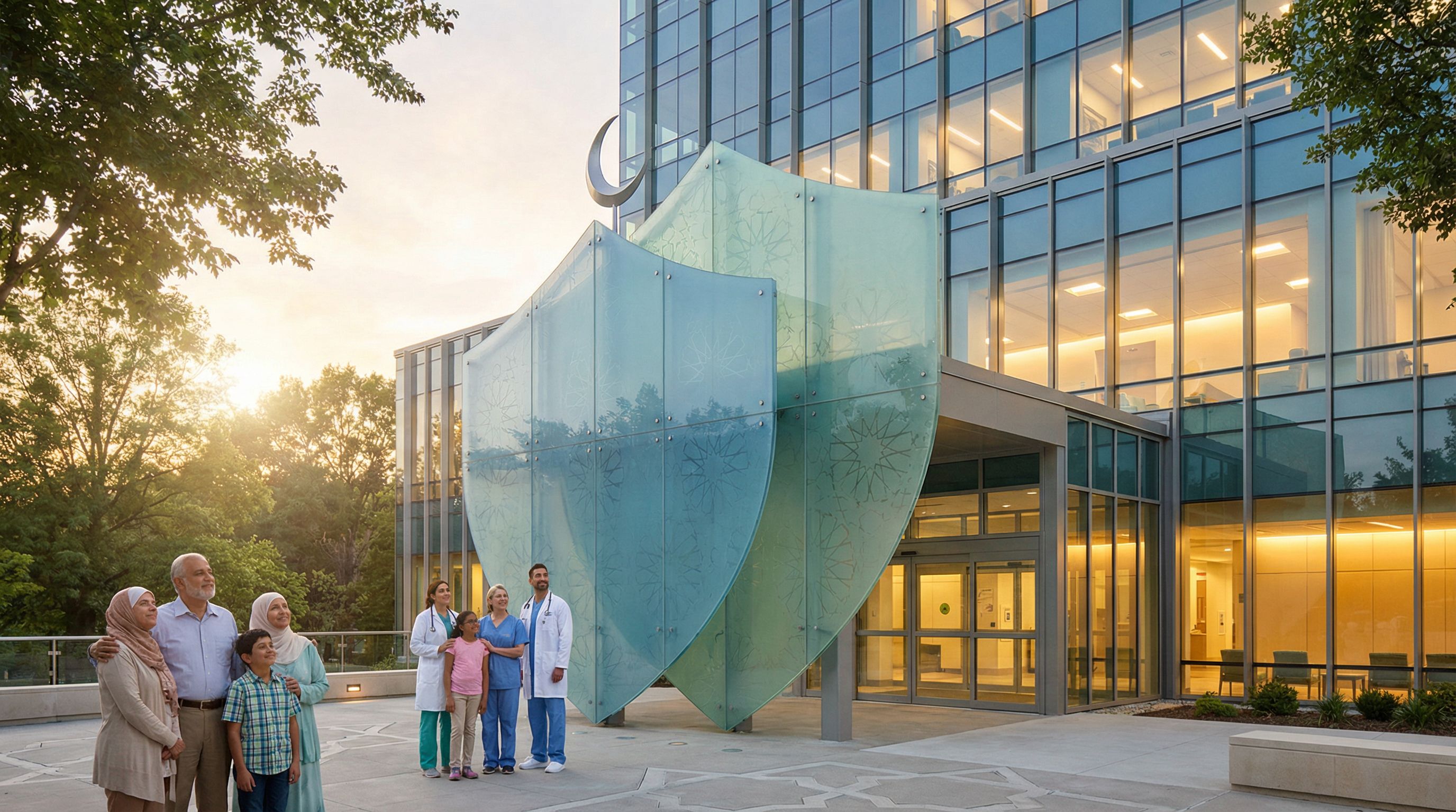 Concept illustration of Takaful and healthcare, showing overlapping shields labeled faith, family, a