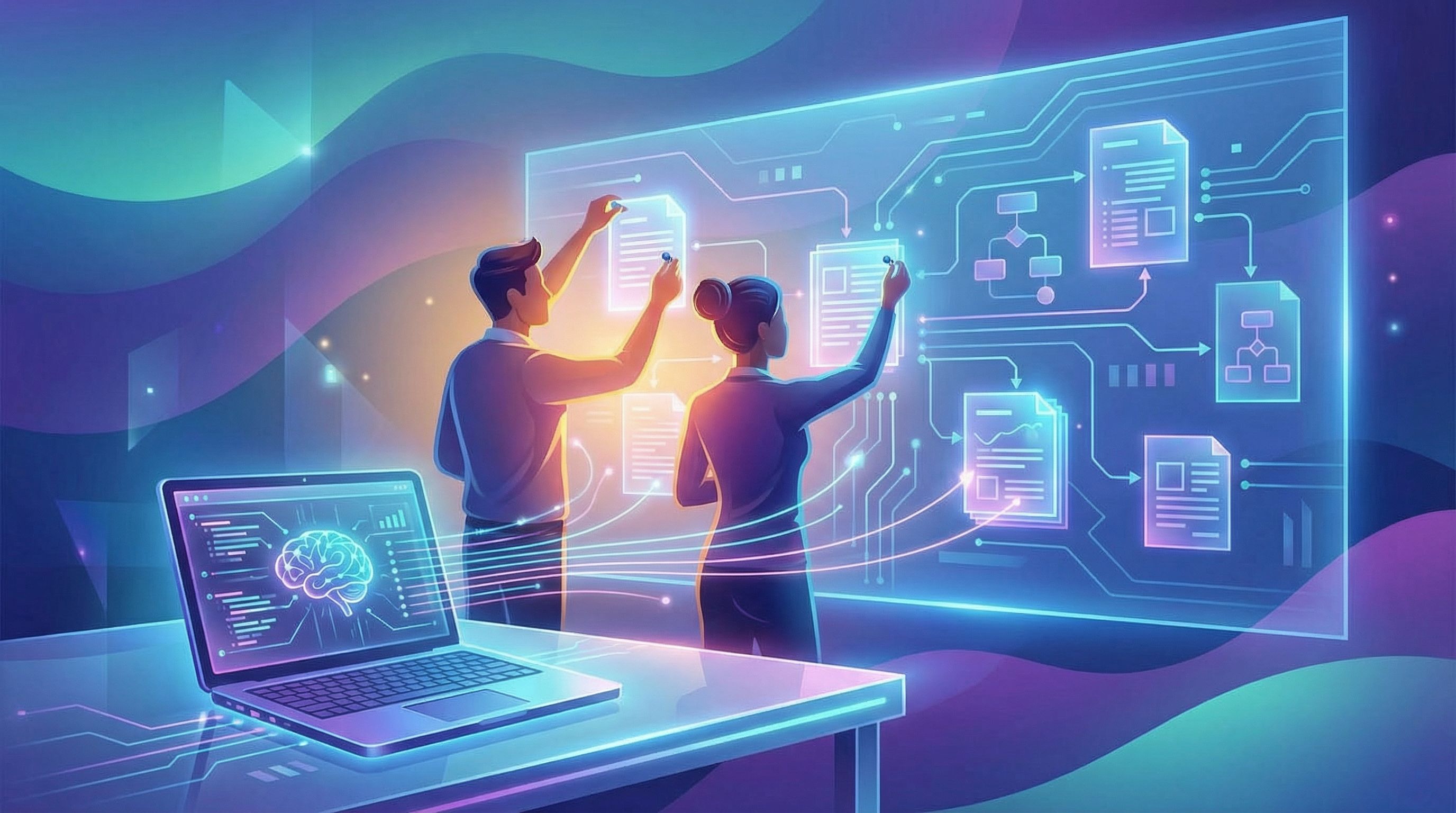 An organized workspace with a founder and marketer pinning printed SOPs, regulatory documents, and d