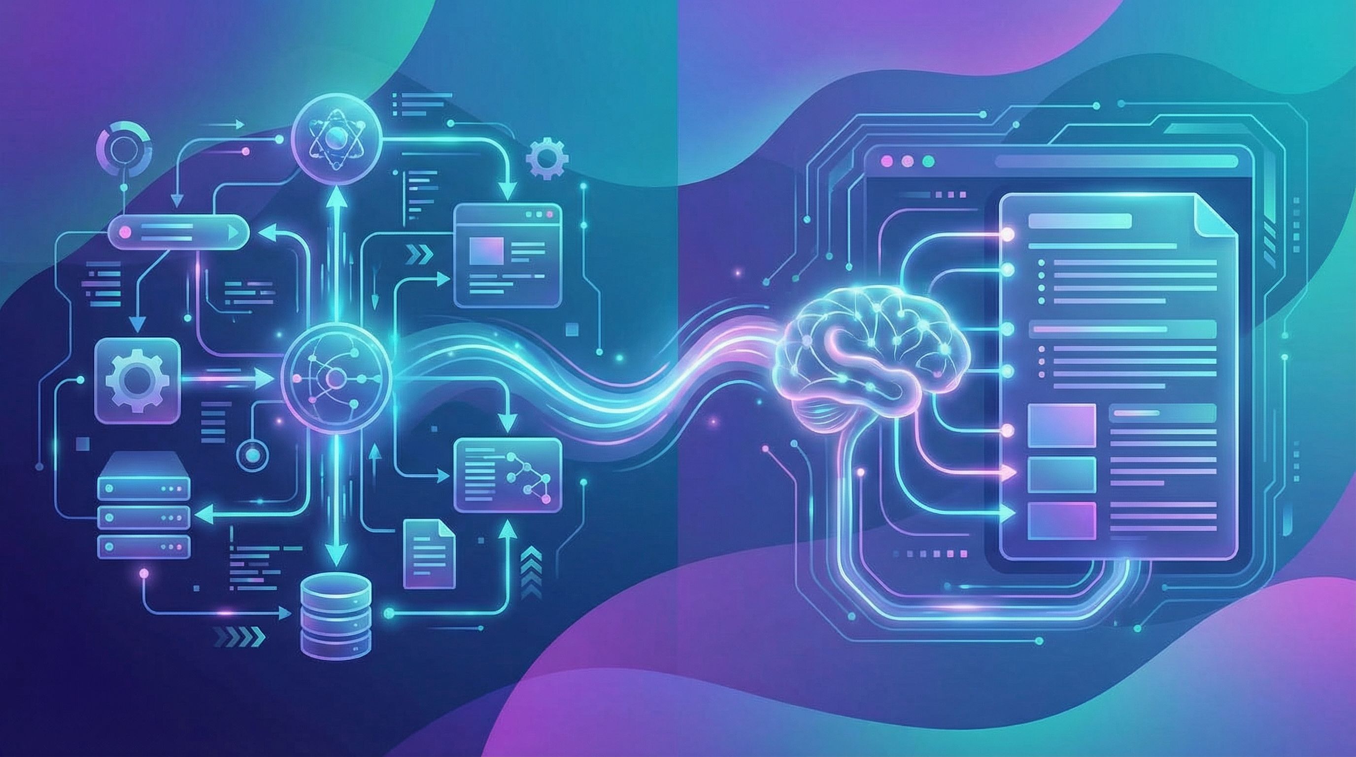 A split-screen view showing on one side a complex technical workflow diagram and on the other side a