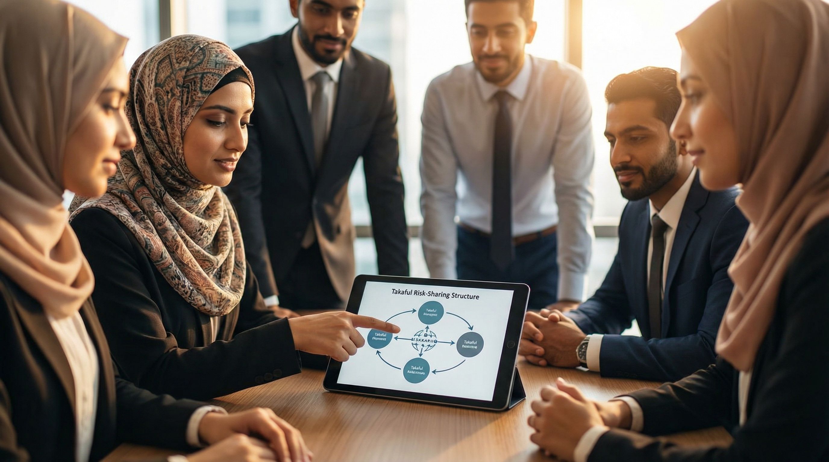 close-up of a diverse group of Muslim professionals around a conference table, one pointing to a dia