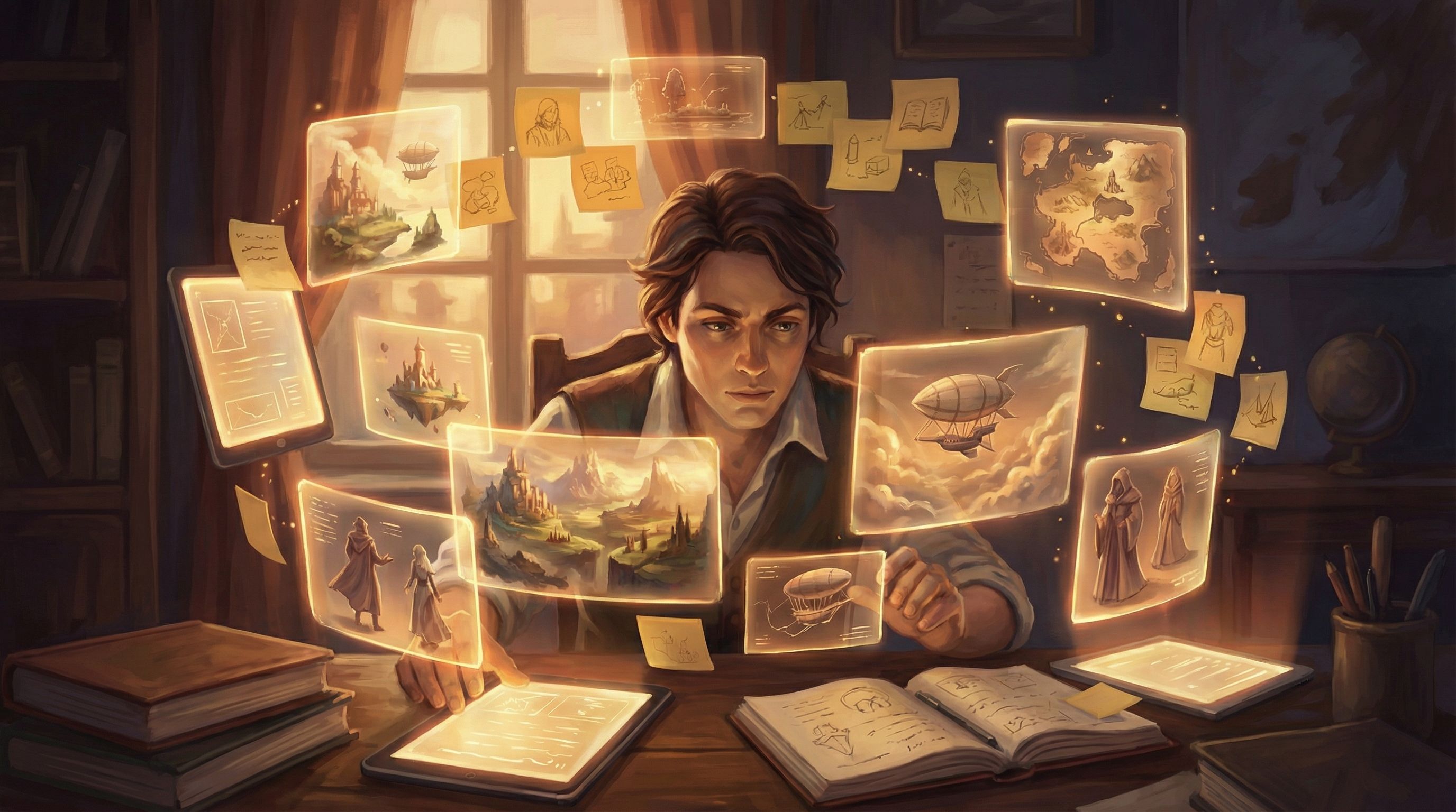 a creator at a desk surrounded by floating holographic story nodes and maps, each showing different