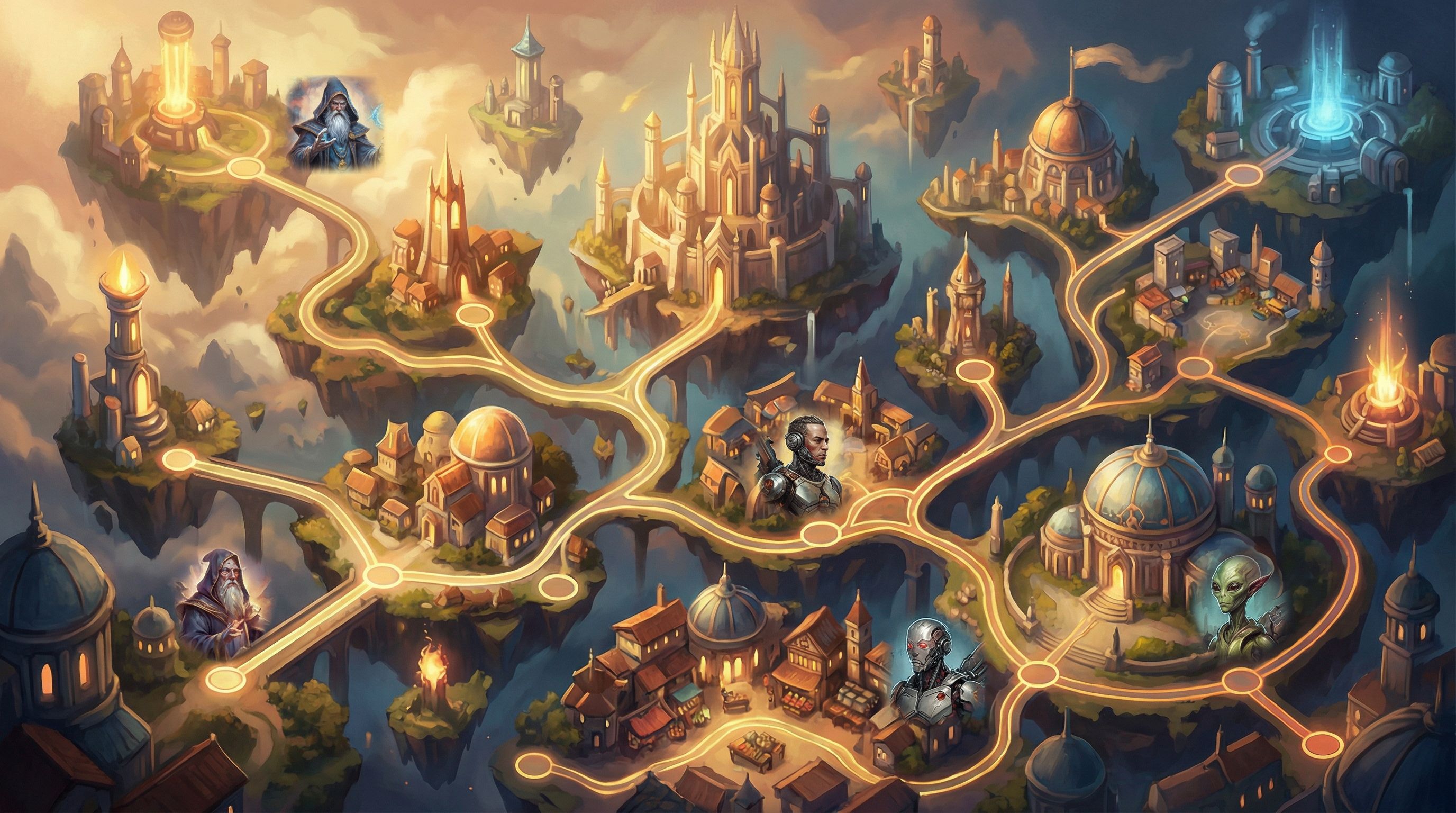 a sprawling fantasy-sci-fi city map seen from above, with branching paths highlighted in glowing lin