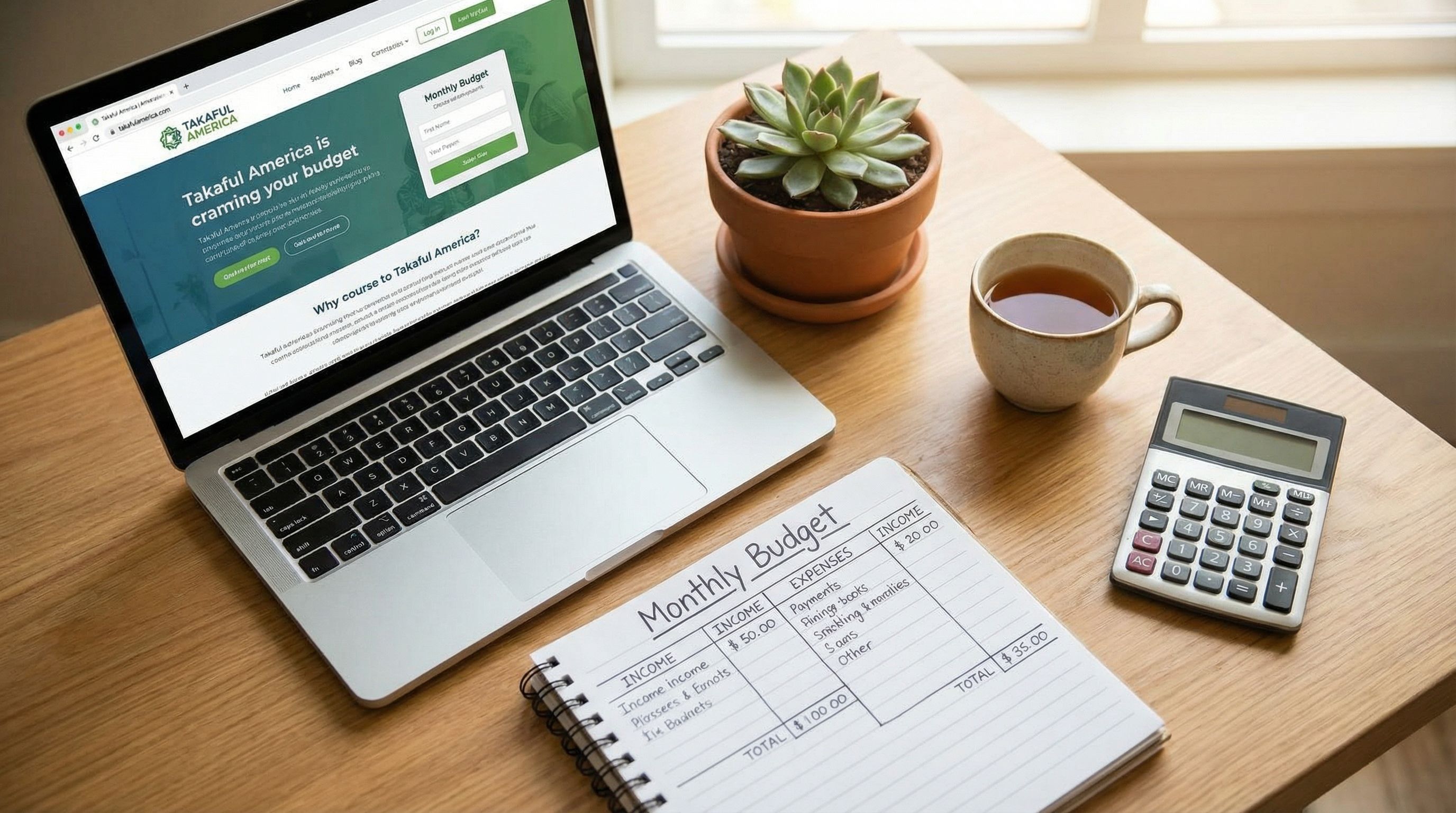 Overhead shot of a neatly arranged workspace with an open laptop displaying a Takaful America webpag