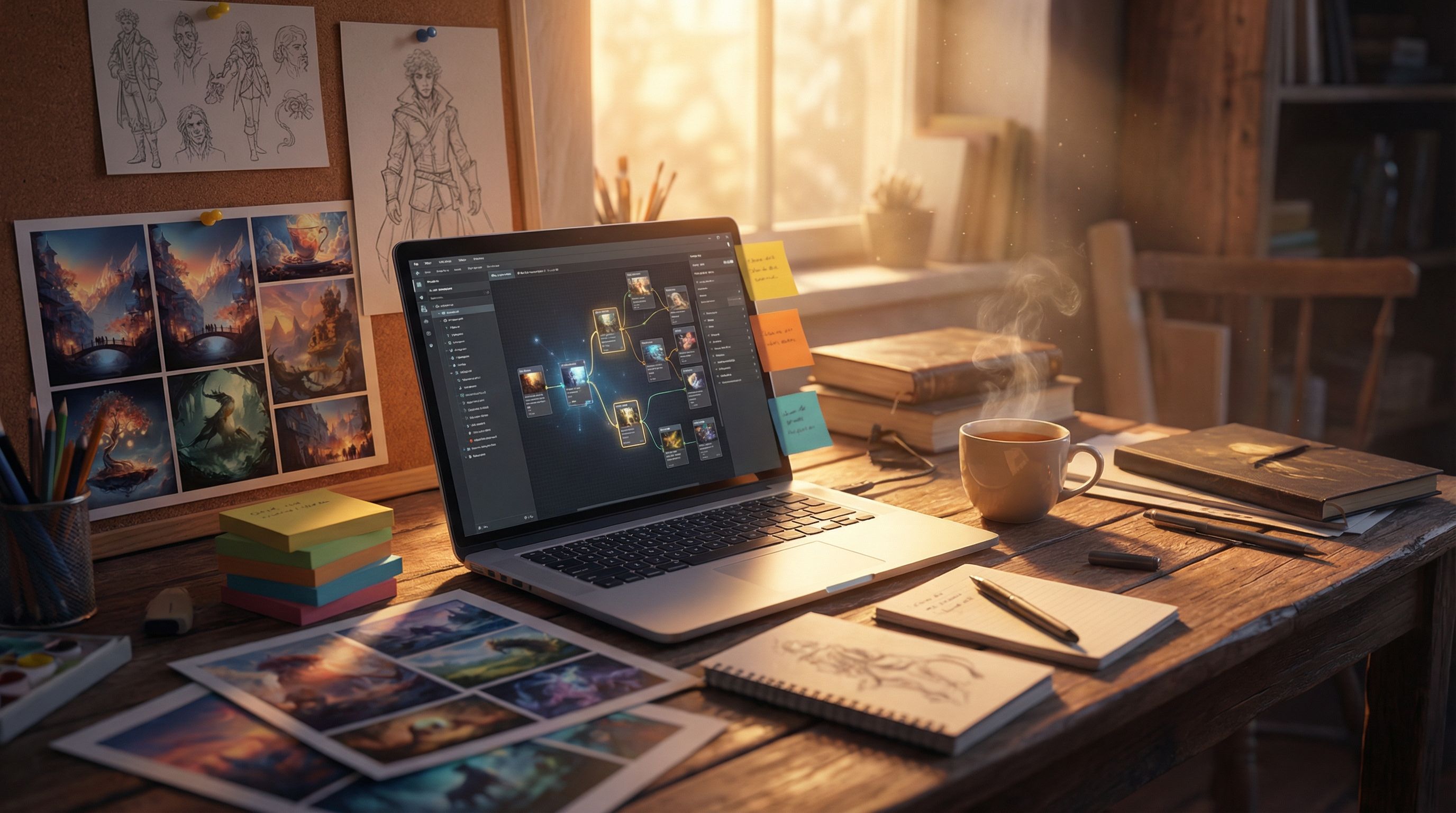 a creator’s desk with a laptop open to a branching story editor, surrounded by printed moodboard ima
