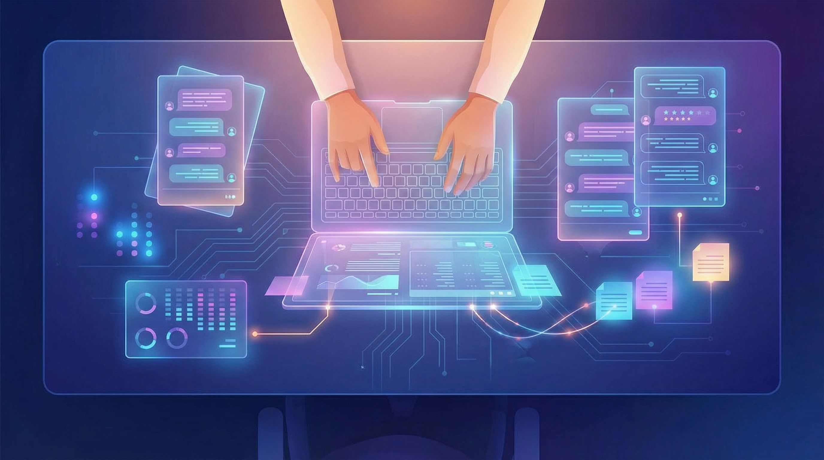 Overhead view of a founder at a laptop surrounded by scattered printouts of customer emails and chat