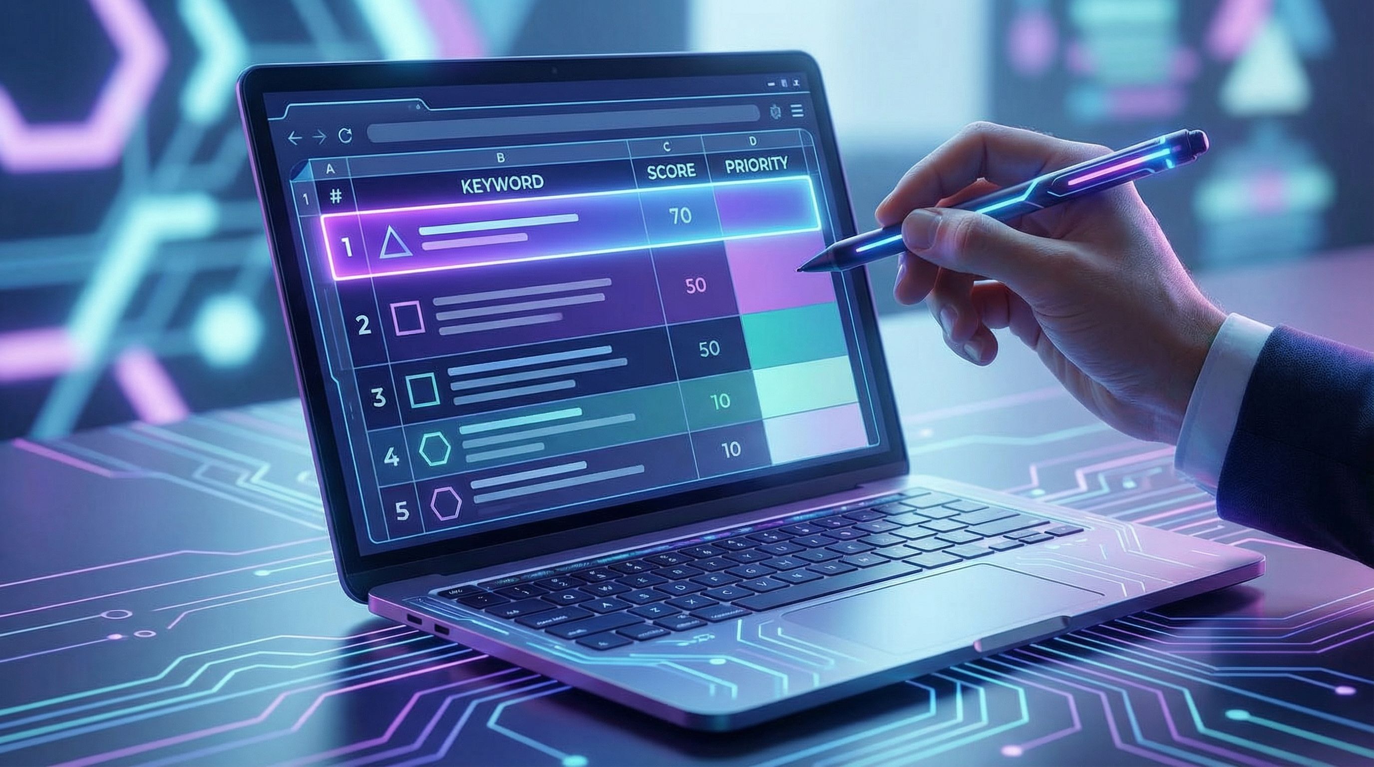 Close-up of a laptop screen showing a simple spreadsheet with keywords, scores, and color-coded prio