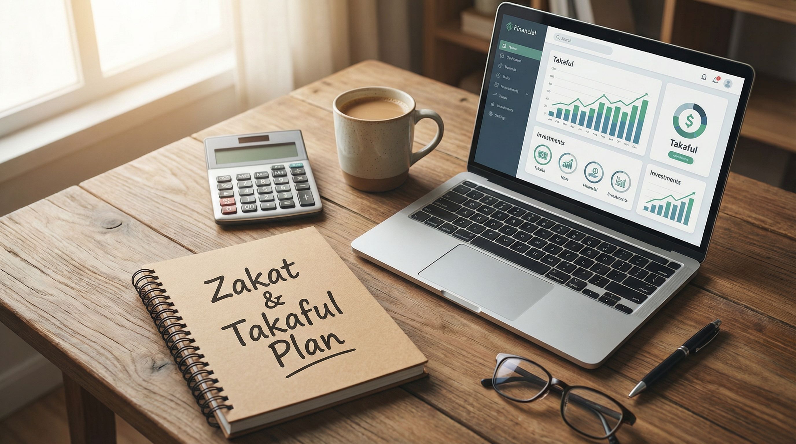 Overhead view of a tidy home office desk with a notebook labeled “Zakat & Takaful Plan,” a calculato