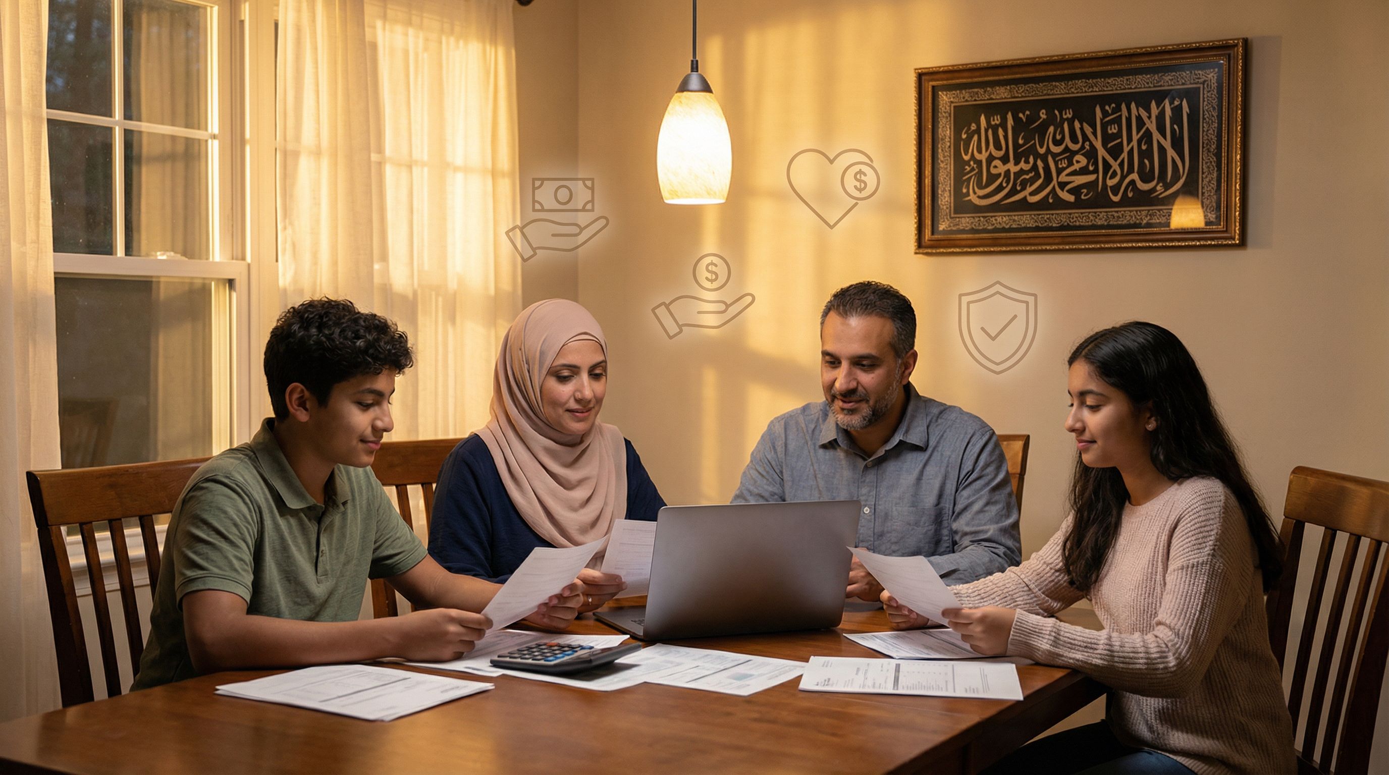 A diverse Muslim American family (parents and teen children) sitting at a dining table with papers a
