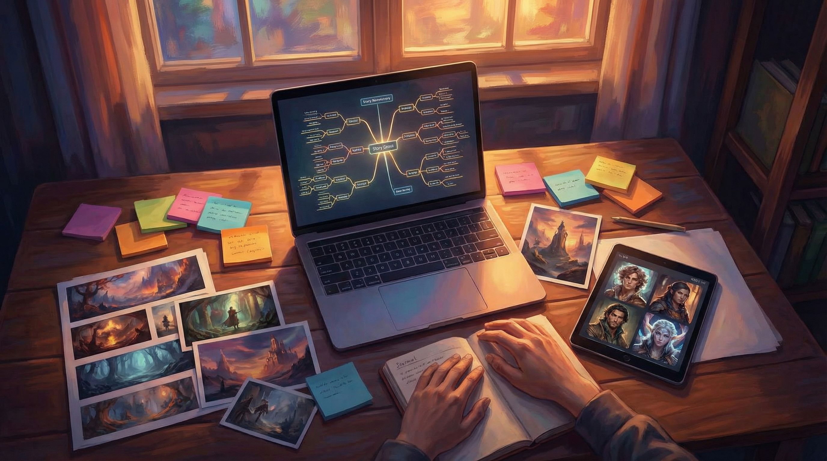 Overhead shot of a creator at a wooden desk with a laptop showing a branching story diagram interfac