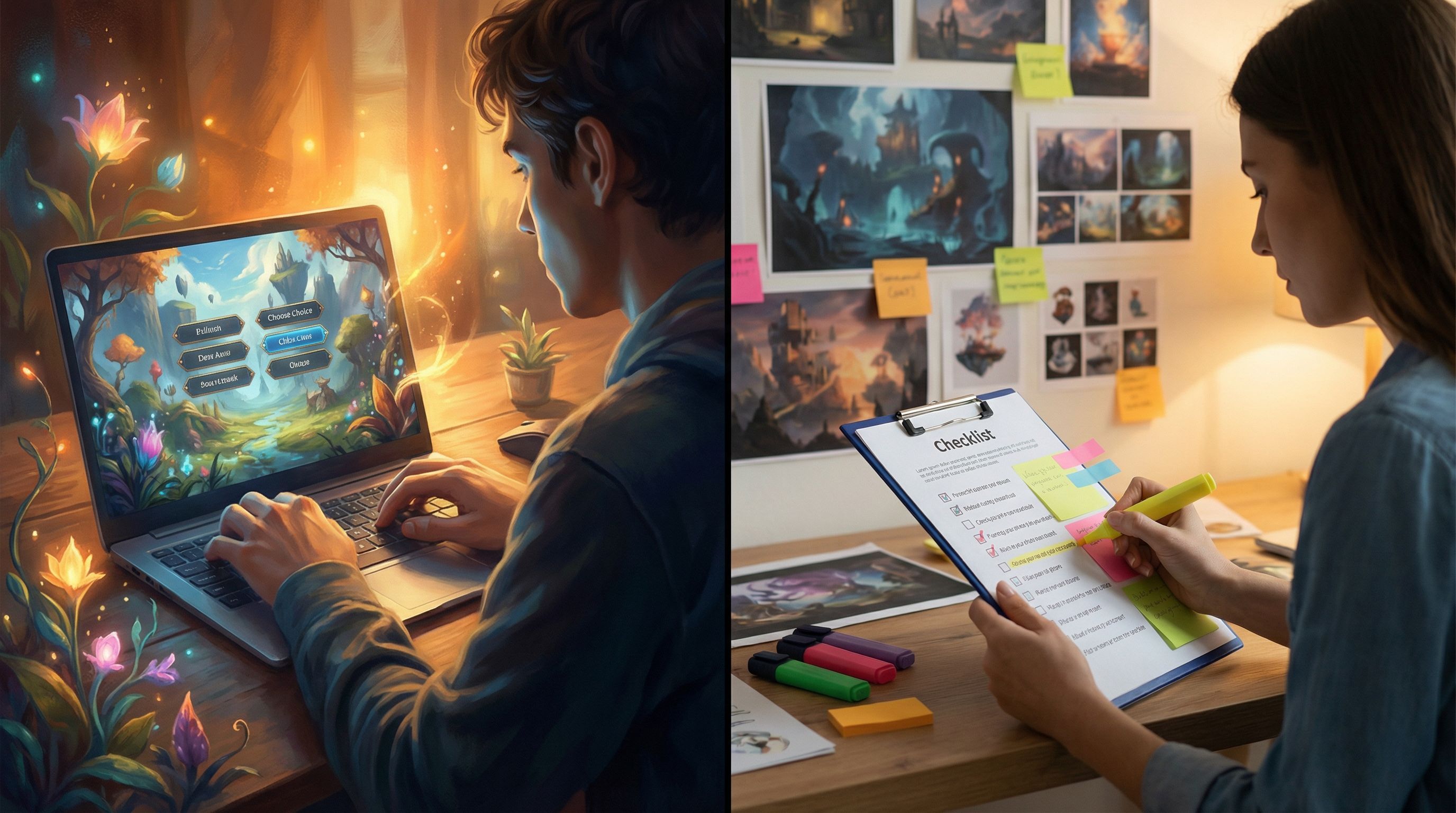 Split-screen composition: on the left, a player at a laptop immersed in a vivid fantasy Questas scen