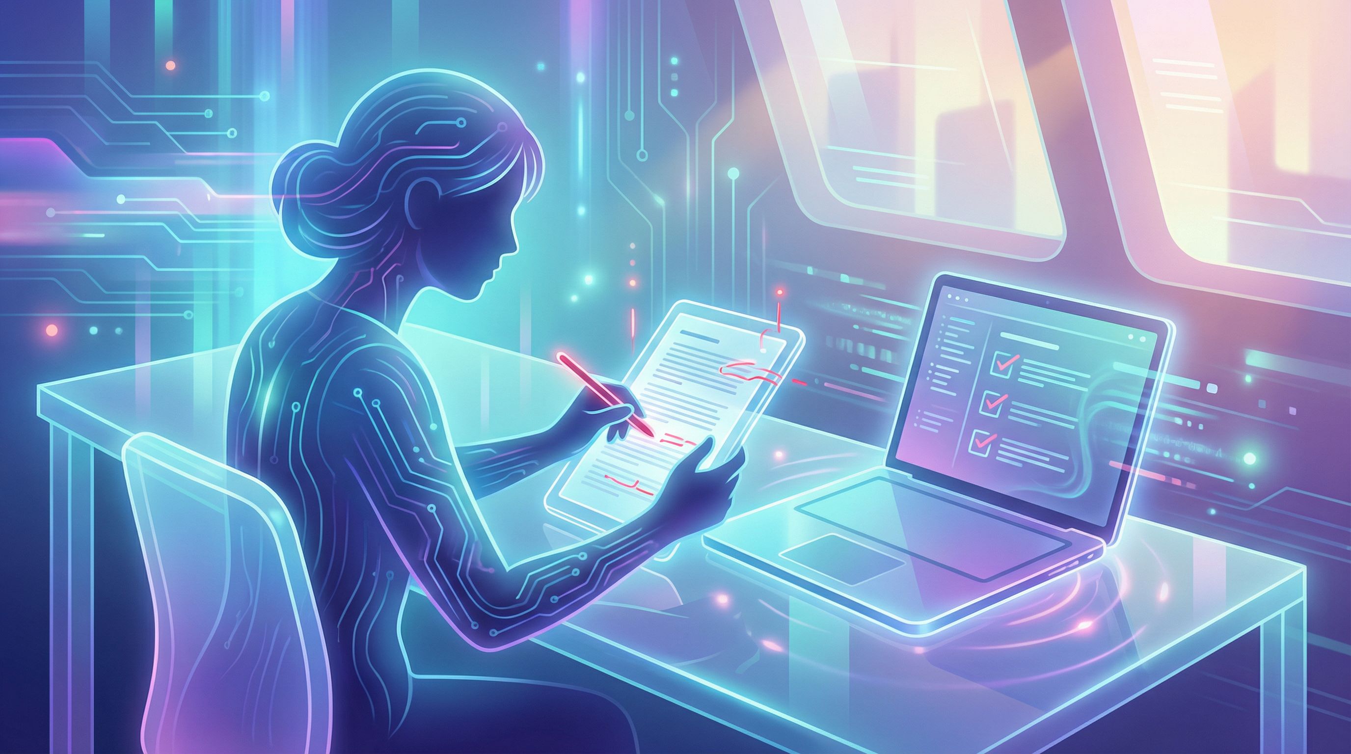 a content marketer at a desk reviewing a printed blog draft with a red pen, next to a laptop showing