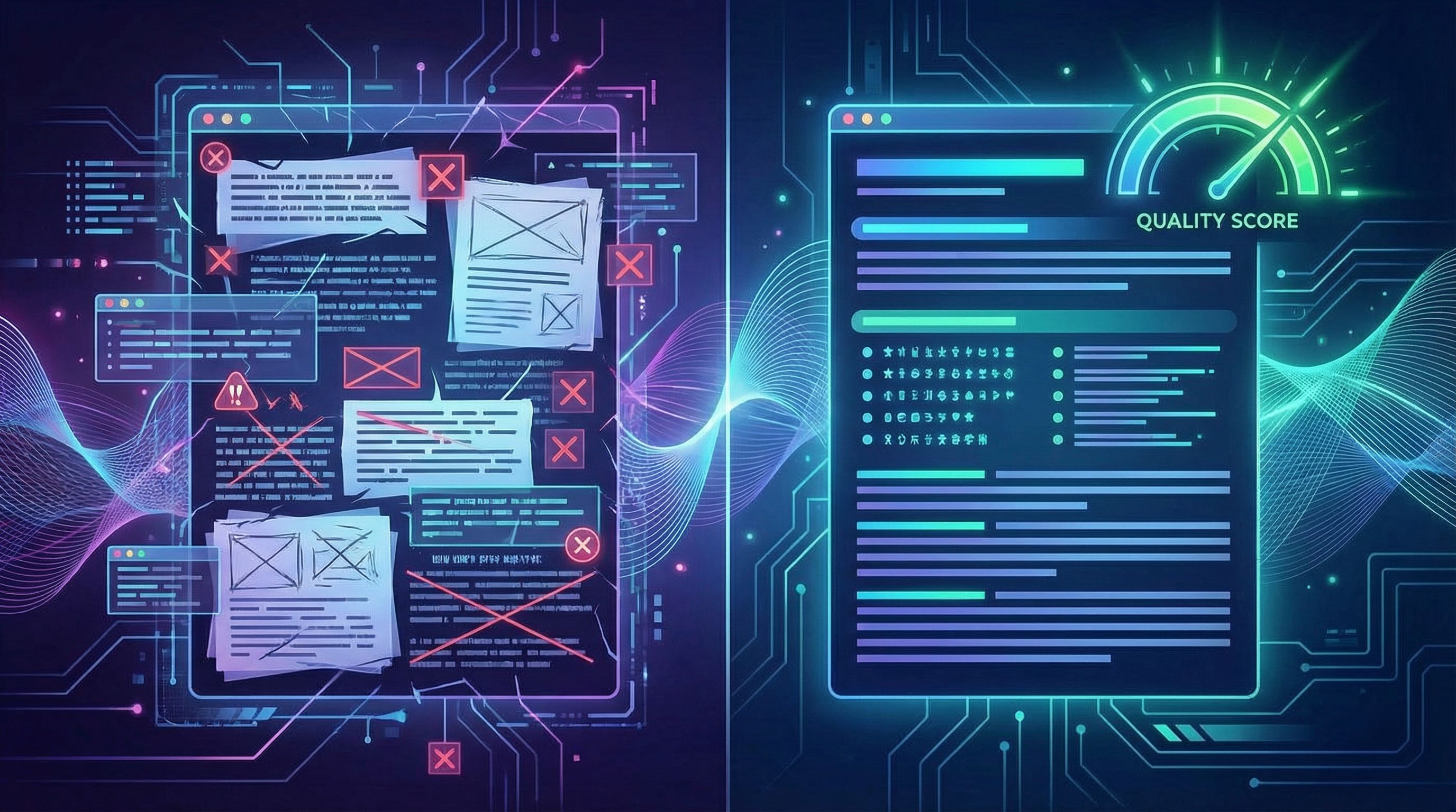 split-screen illustration showing on the left a cluttered, messy blog draft with red error marks, an