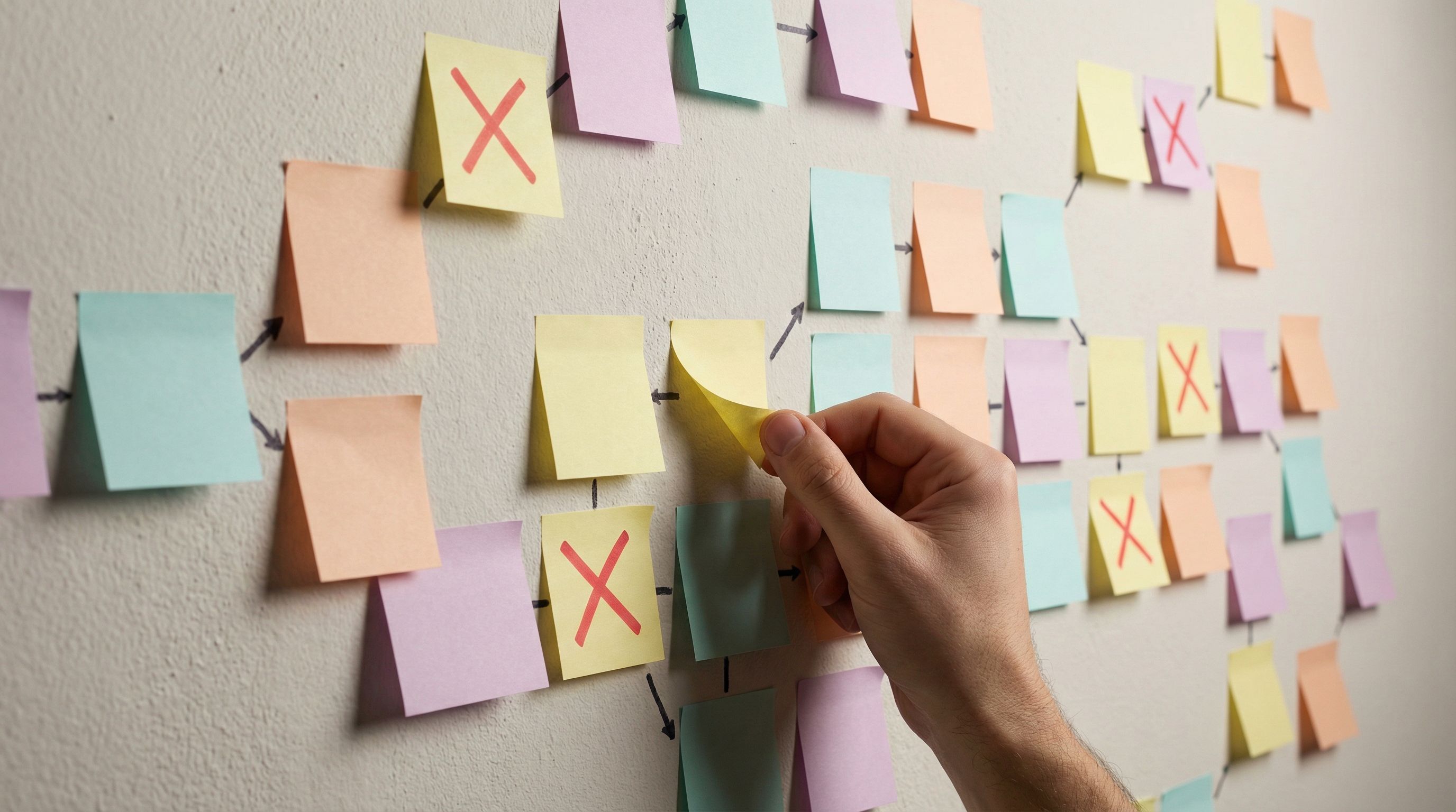 close-up of sticky notes arranged as a branching flowchart on a wall, some paths short and direct, o