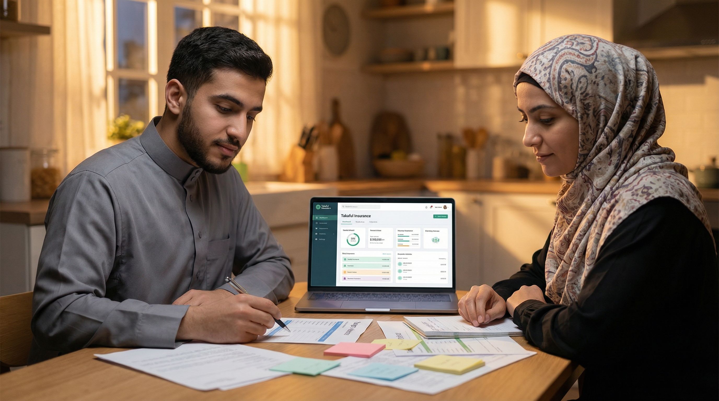 young Muslim man and woman separately reviewing financial documents at a kitchen table, laptop open