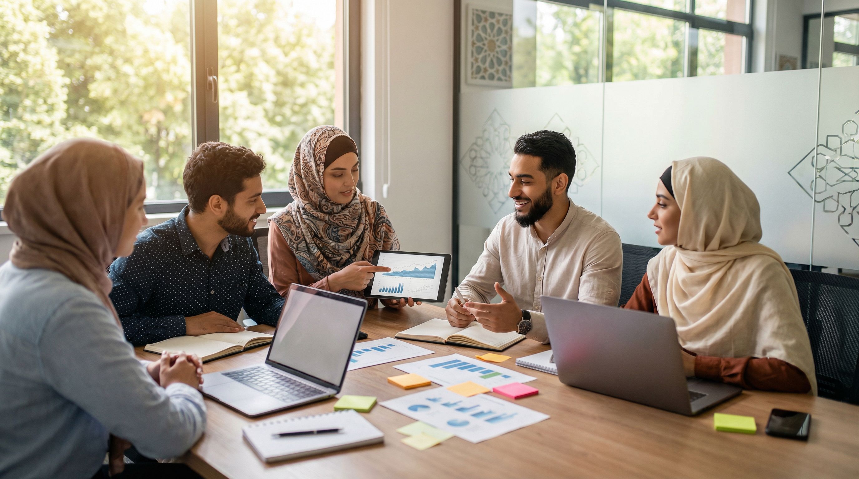 diverse group of Muslim young professionals in their 20s and 30s sitting around a modern coworking t