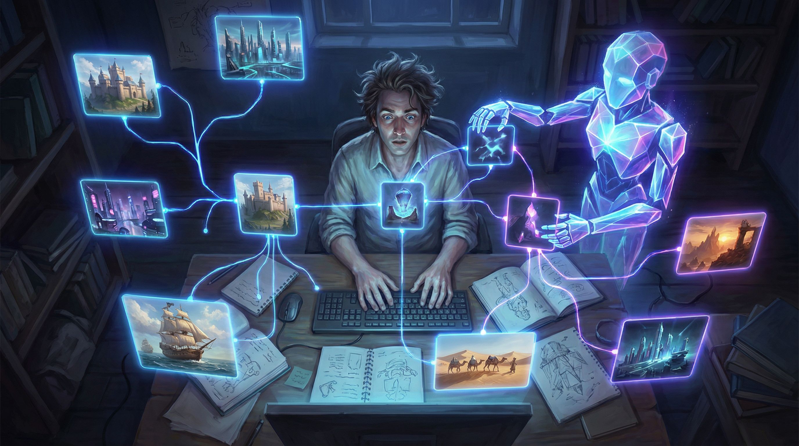 Overhead view of a writer at a desk in a dimly lit studio, surrounded by floating holographic story