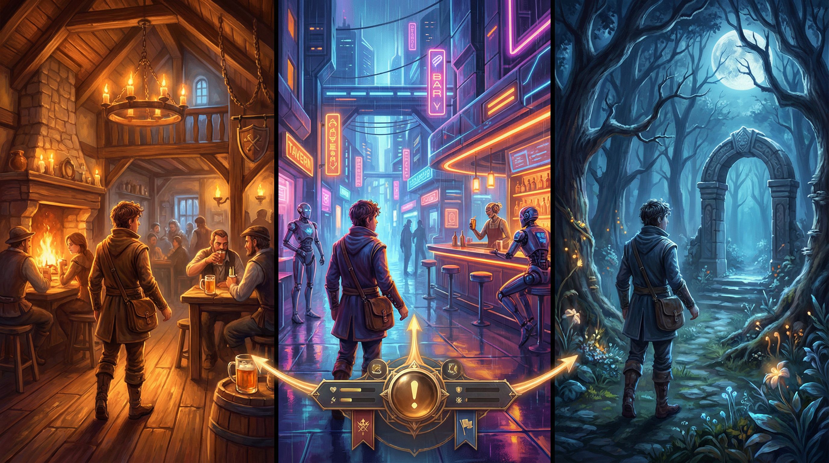 Split-screen illustration showing three alternate versions of the same key moment: a protagonist ent