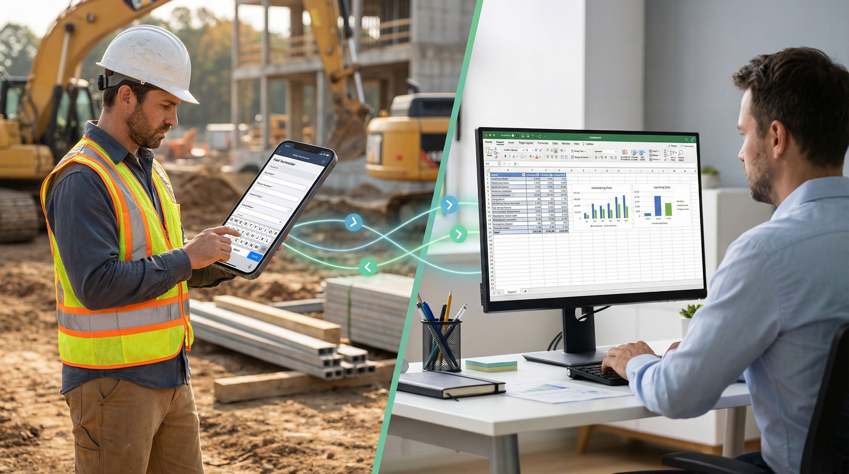 Side-by-side scene of a field technician on a construction site entering data into a phone form whil