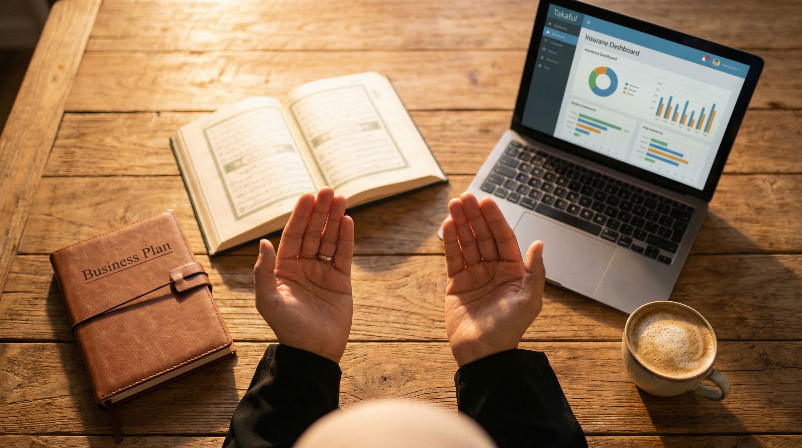 overhead shot of a wooden table with a Qur’an, a notebook labeled “Business Plan,” a laptop showing