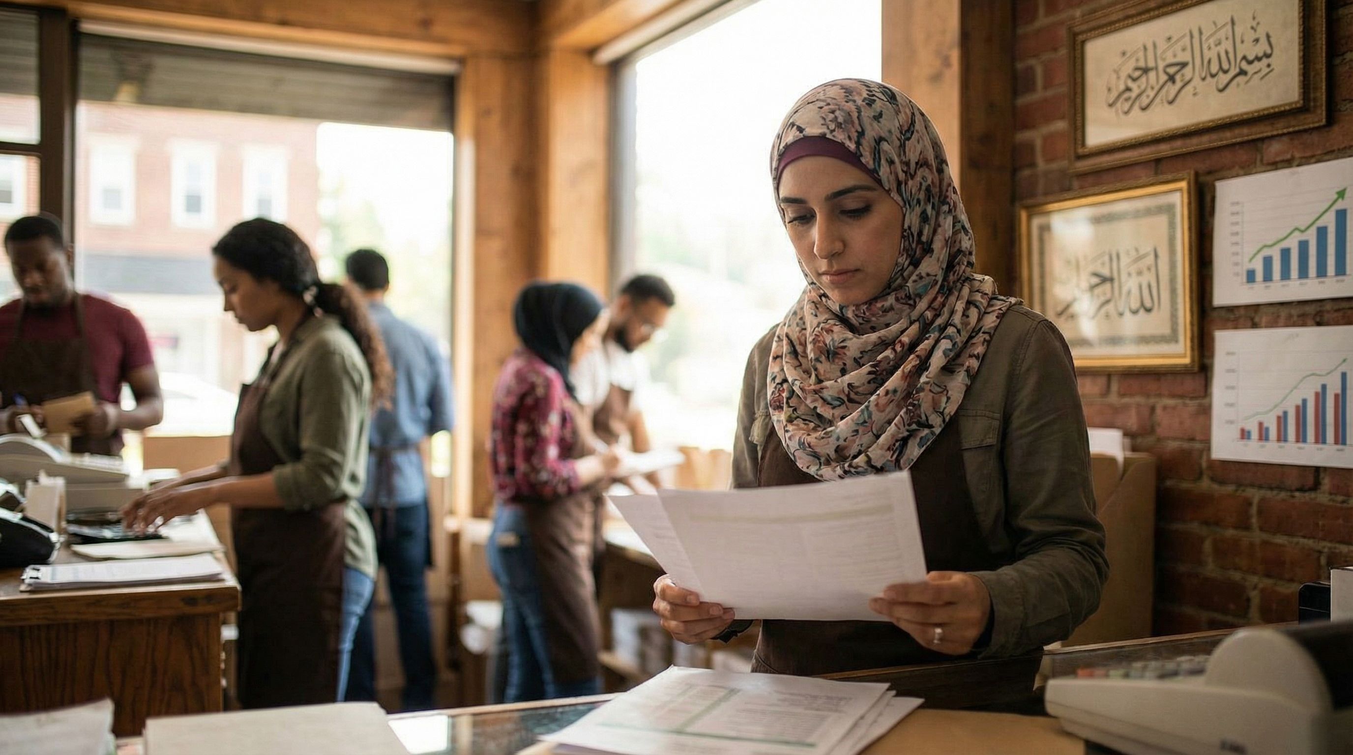 a Muslim small business owner standing in a modest storefront, reviewing paperwork with a calm but s