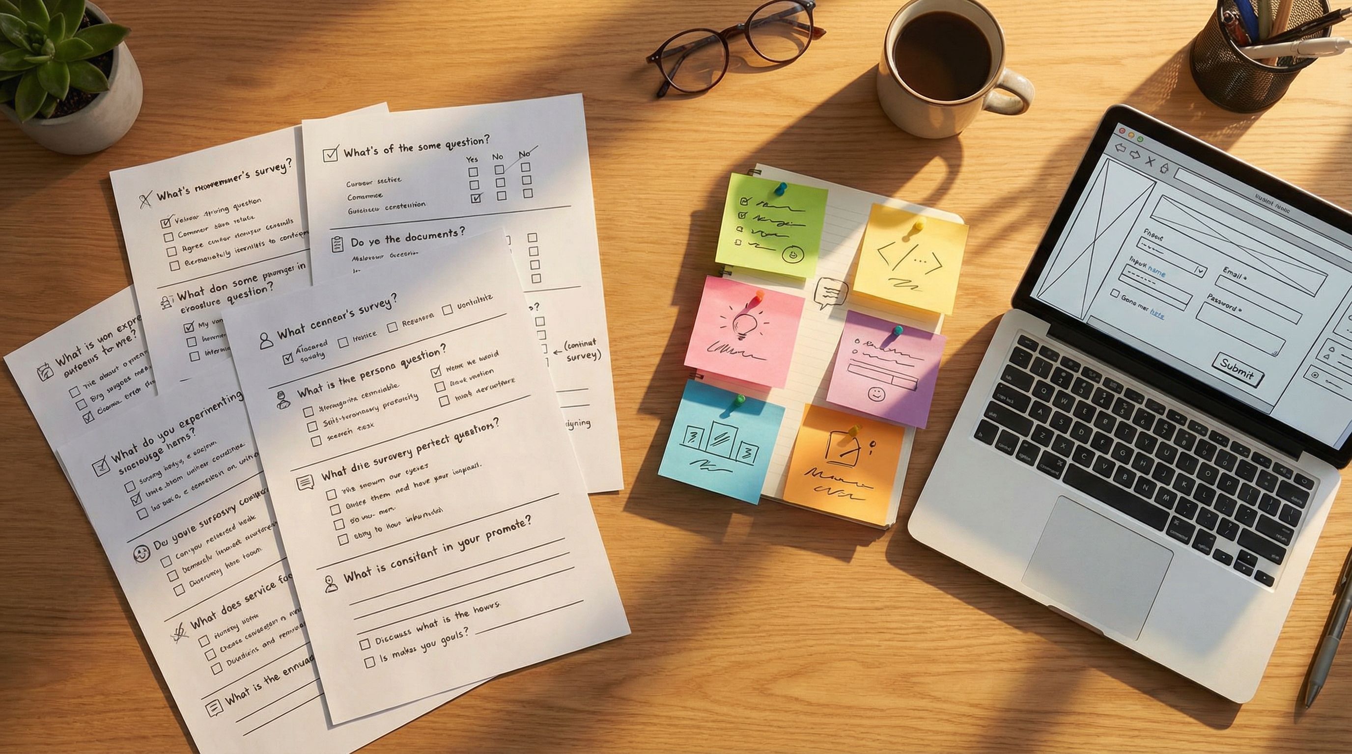 overhead view of a product manager’s desk with printed survey questions, sticky notes labeled with u
