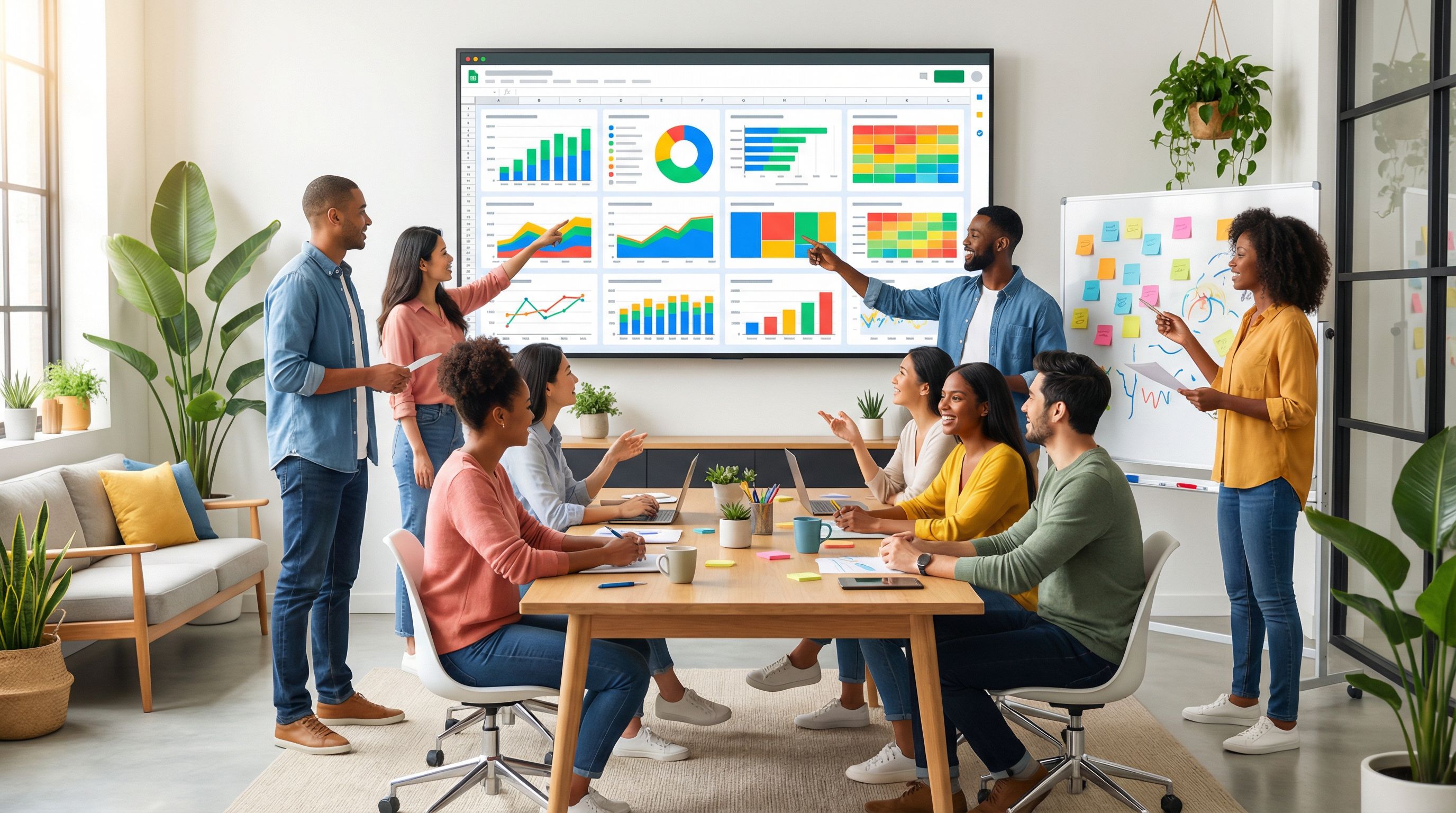 wide shot of a product team in a meeting room with a large screen showing a colorful Google Sheets d