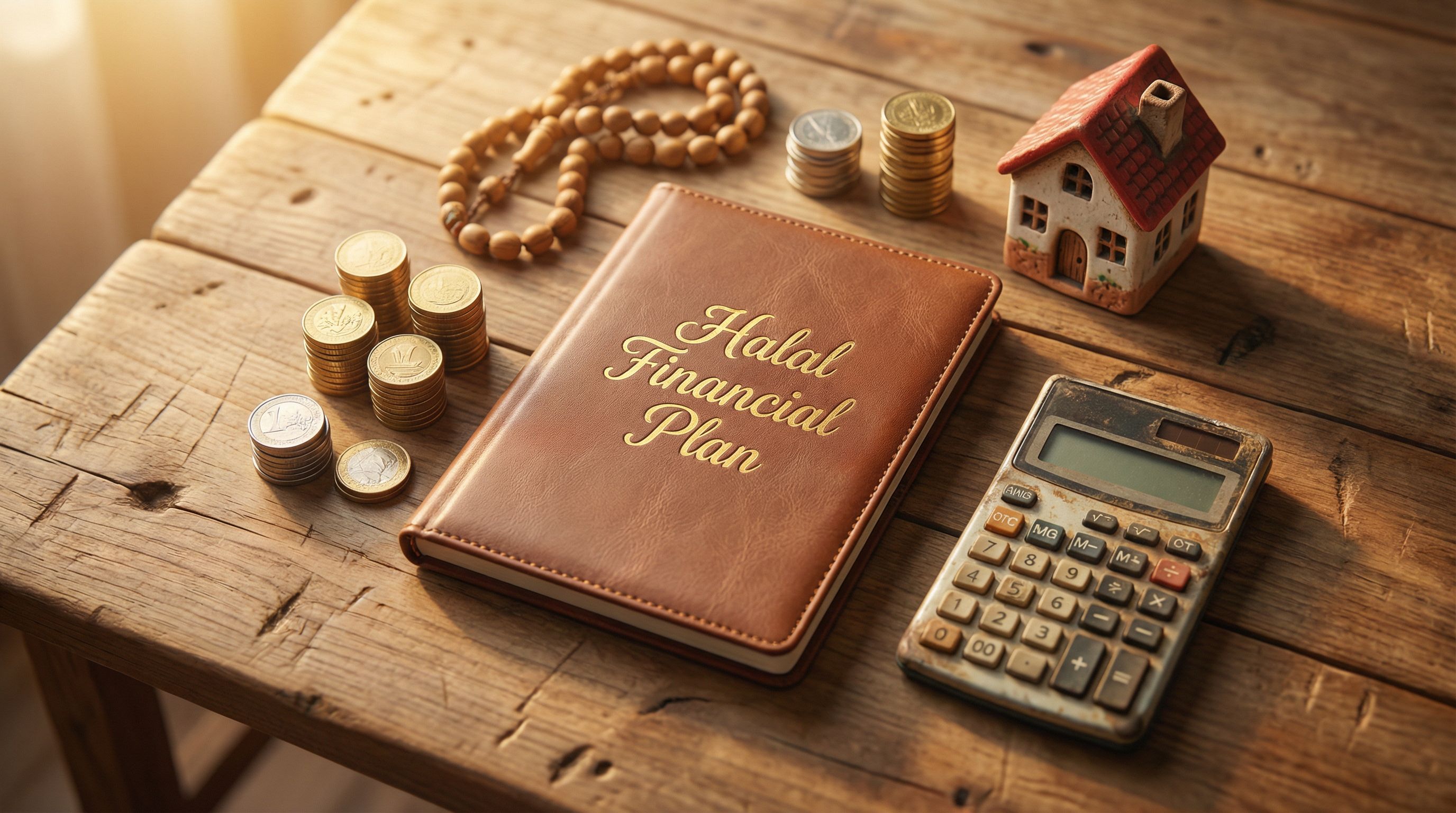 Overhead view of a notebook labeled “Halal Financial Plan” surrounded by coins, calculator, misbaha