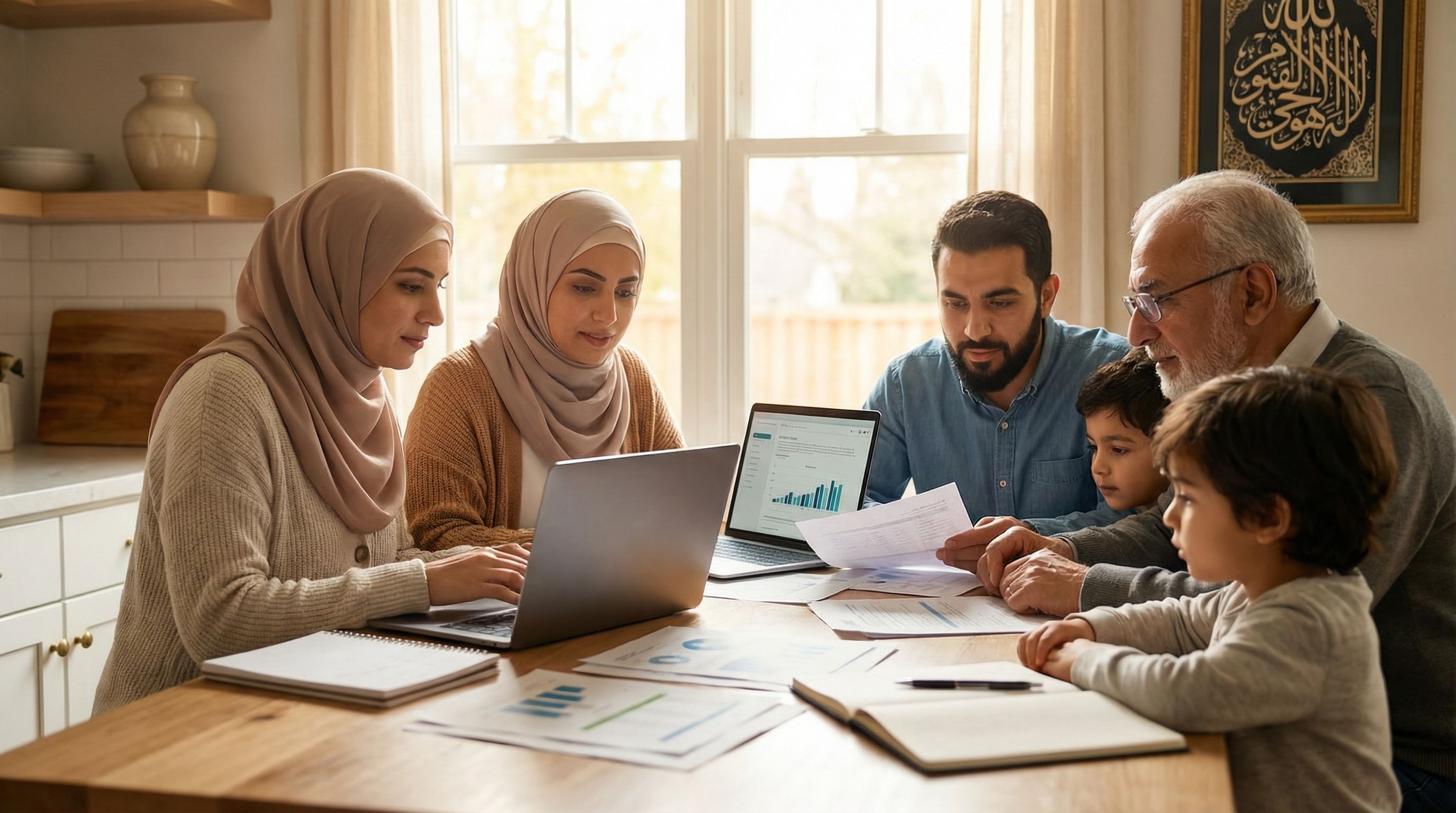 A Muslim American family at a kitchen table with papers and a laptop, creating a financial plan toge