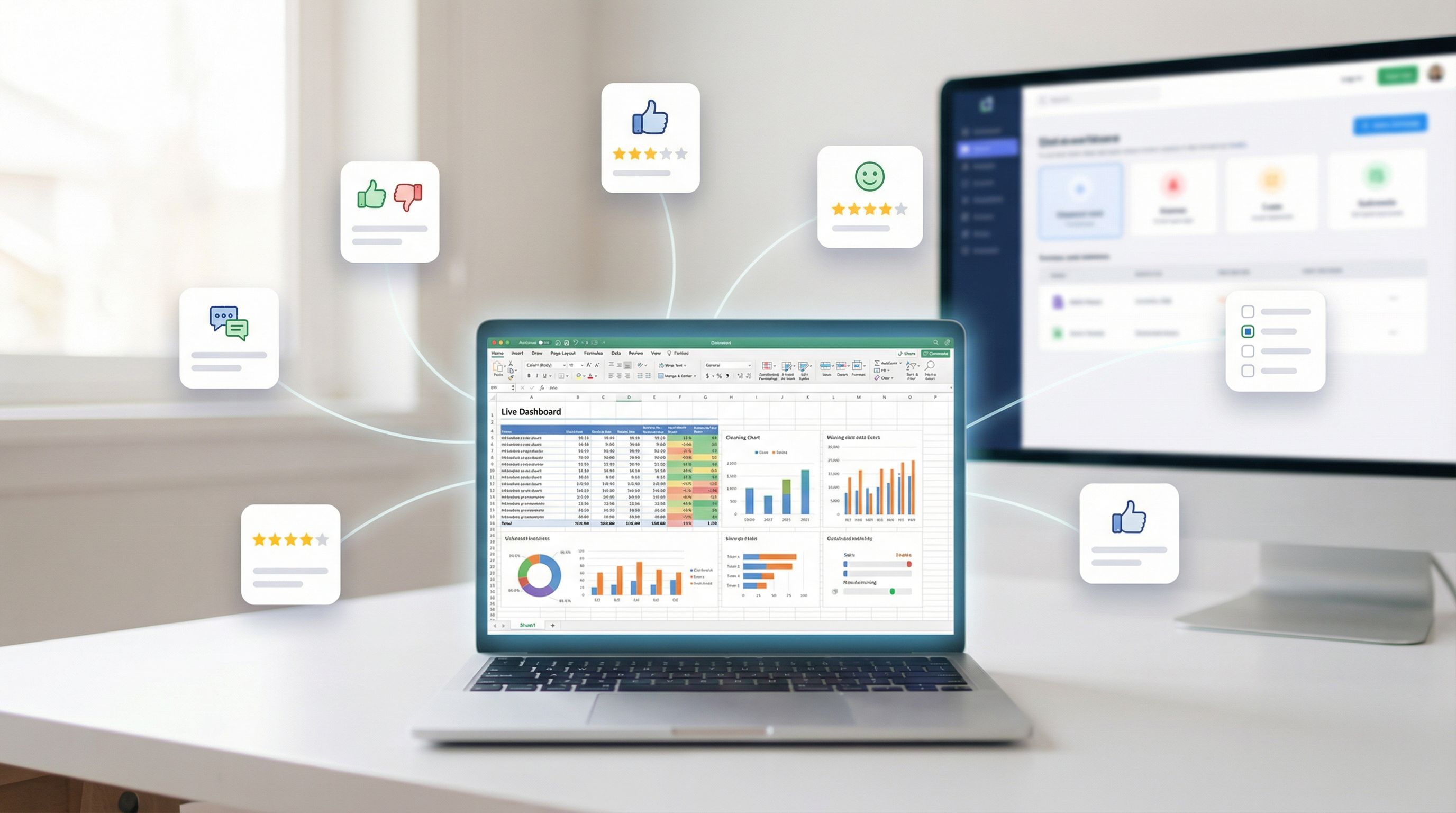 A product UI with tiny embedded feedback prompts appearing at different touchpoints, each as a small