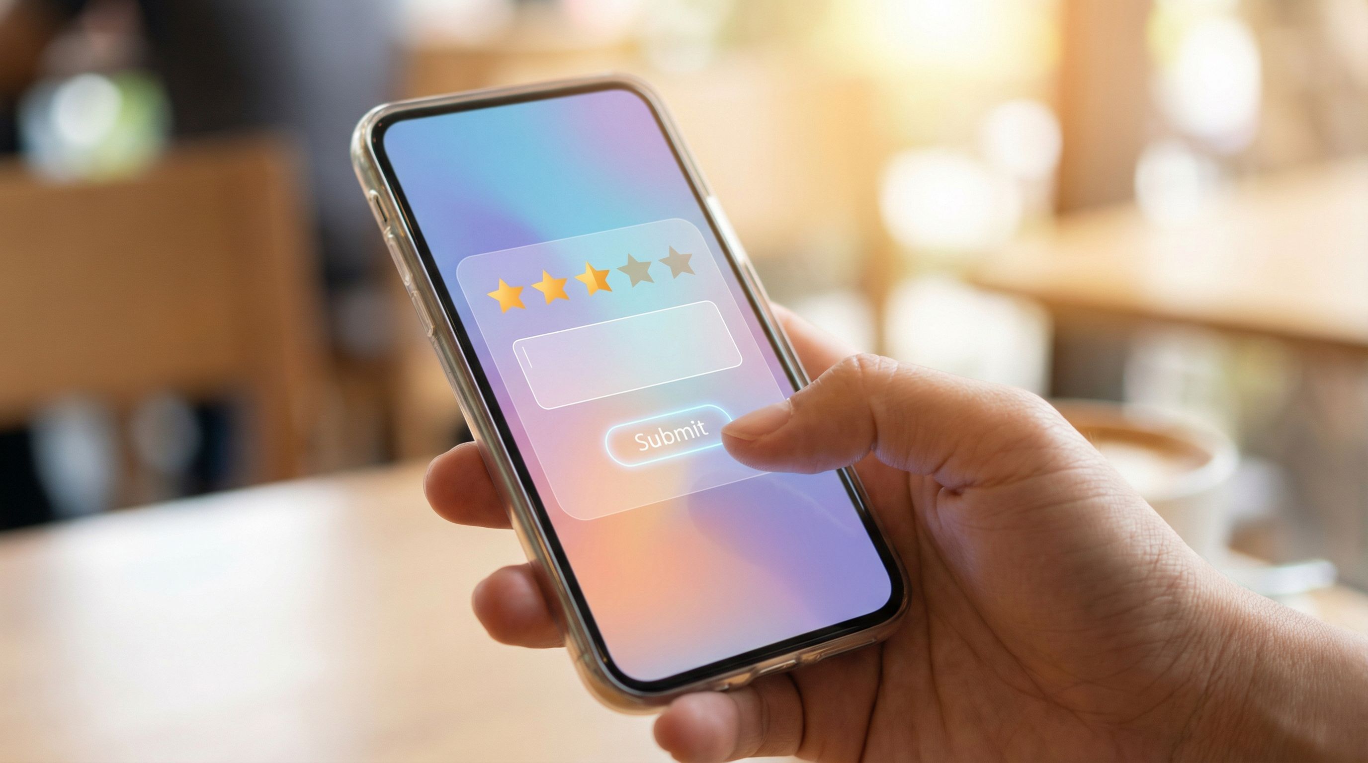 Close-up of a mobile phone screen showing a sleek in-app micro-survey overlay with a 1–5 rating scal