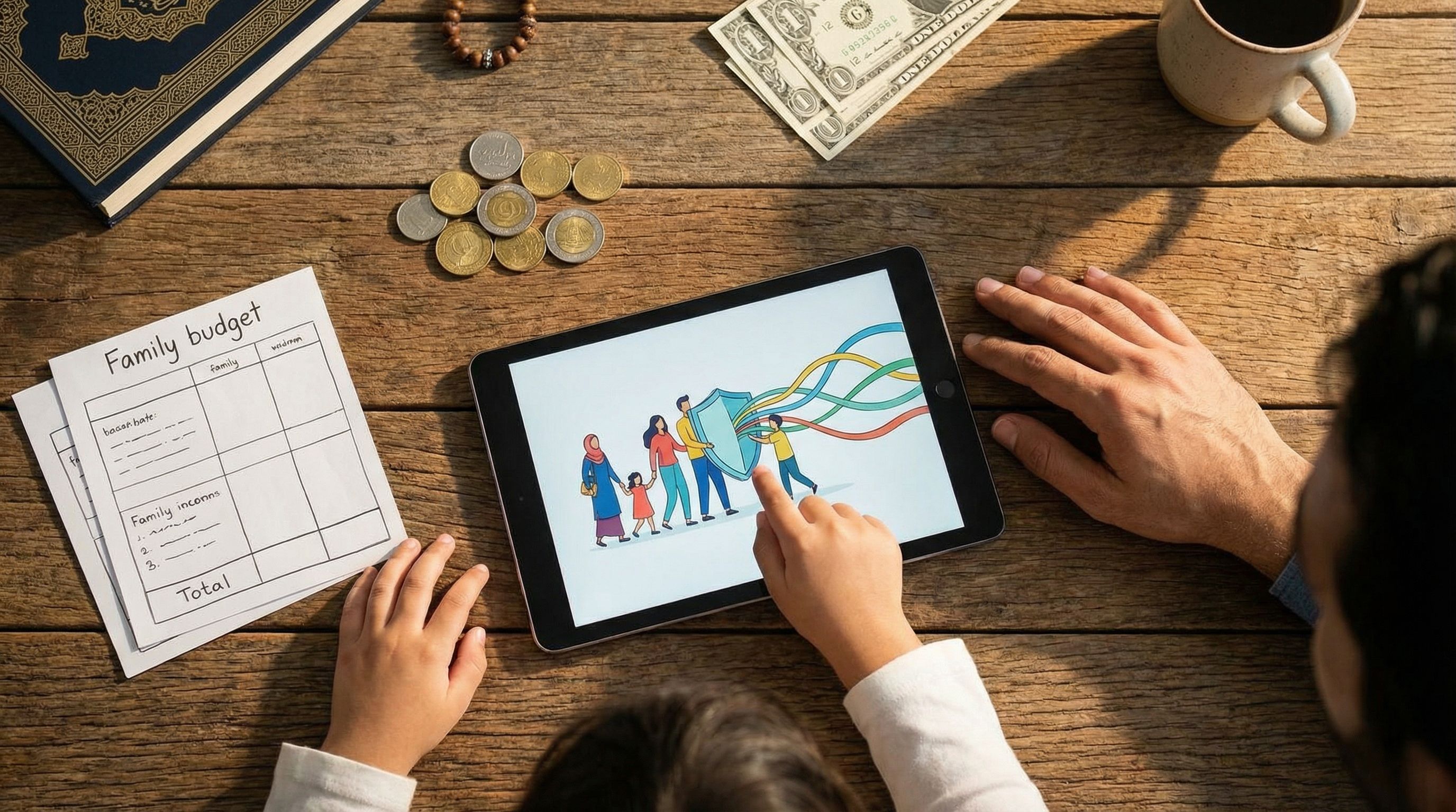 Top-down view of a wooden table with Islamic-themed learning materials, including a simple family bu
