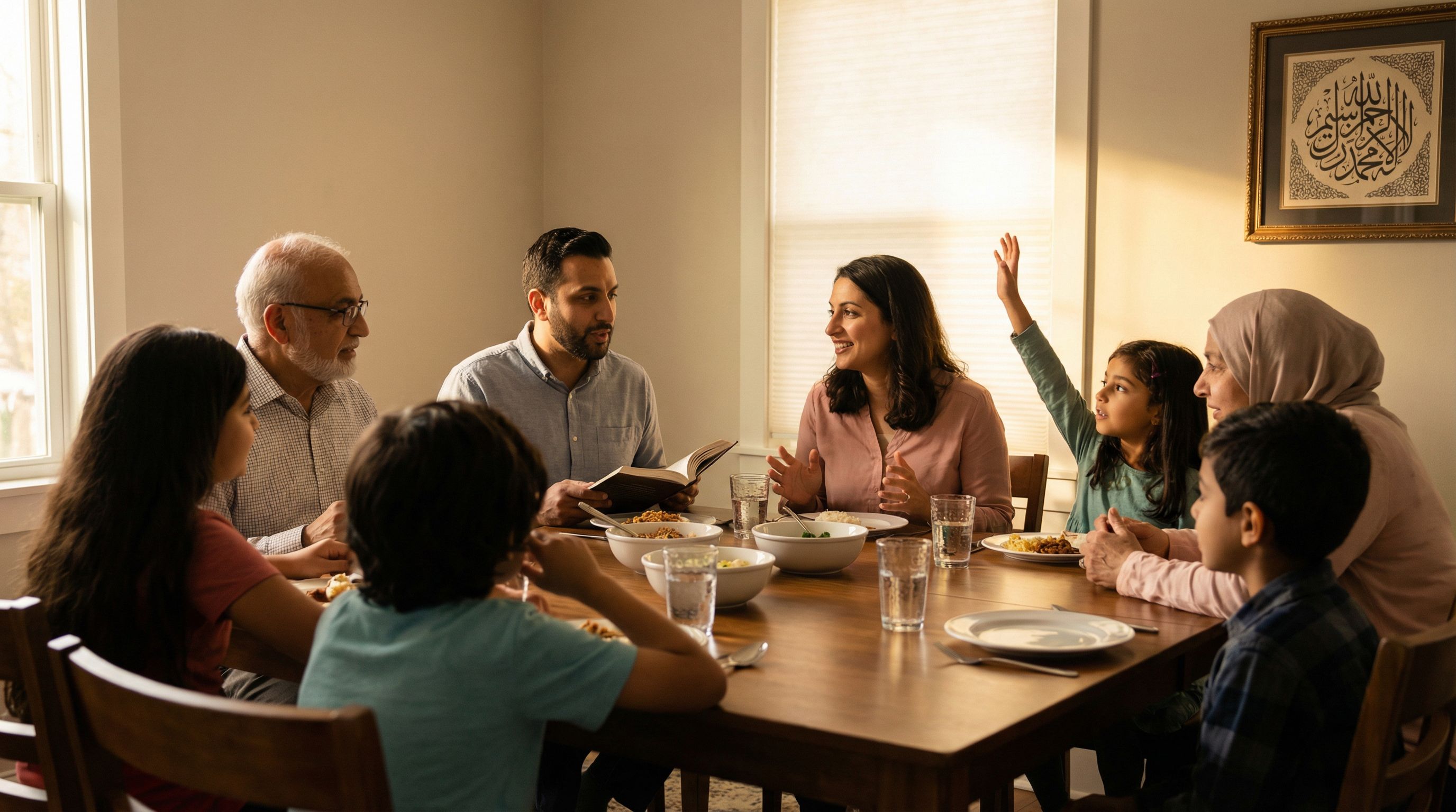 Warm Muslim American family of diverse ages and skin tones sitting around a dinner table in a cozy,
