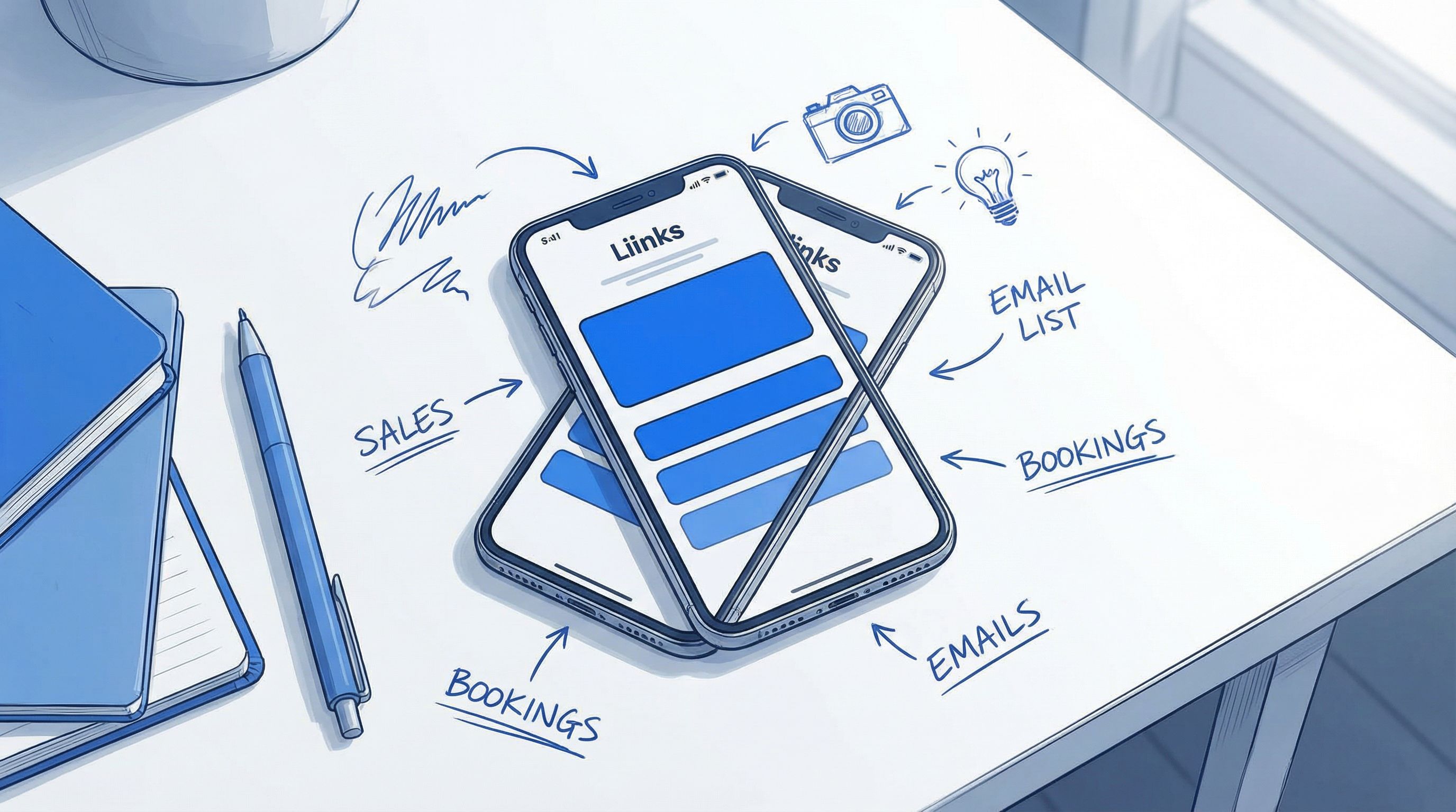 Overhead view of a smartphone showing a clean, modern Liinks bio page with a bold primary button and